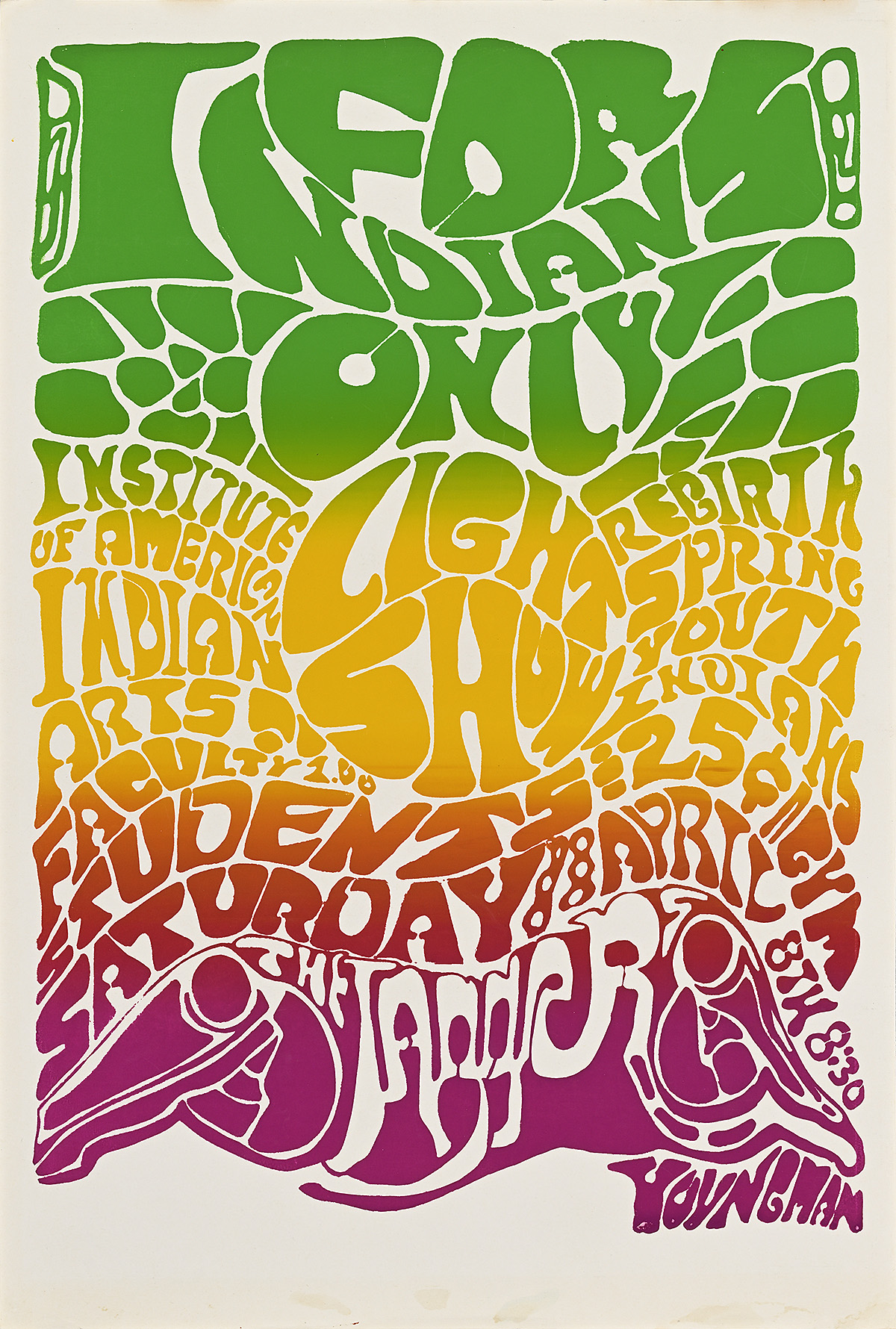 A poster full of warped letters in green, yellow, orange, and pink.