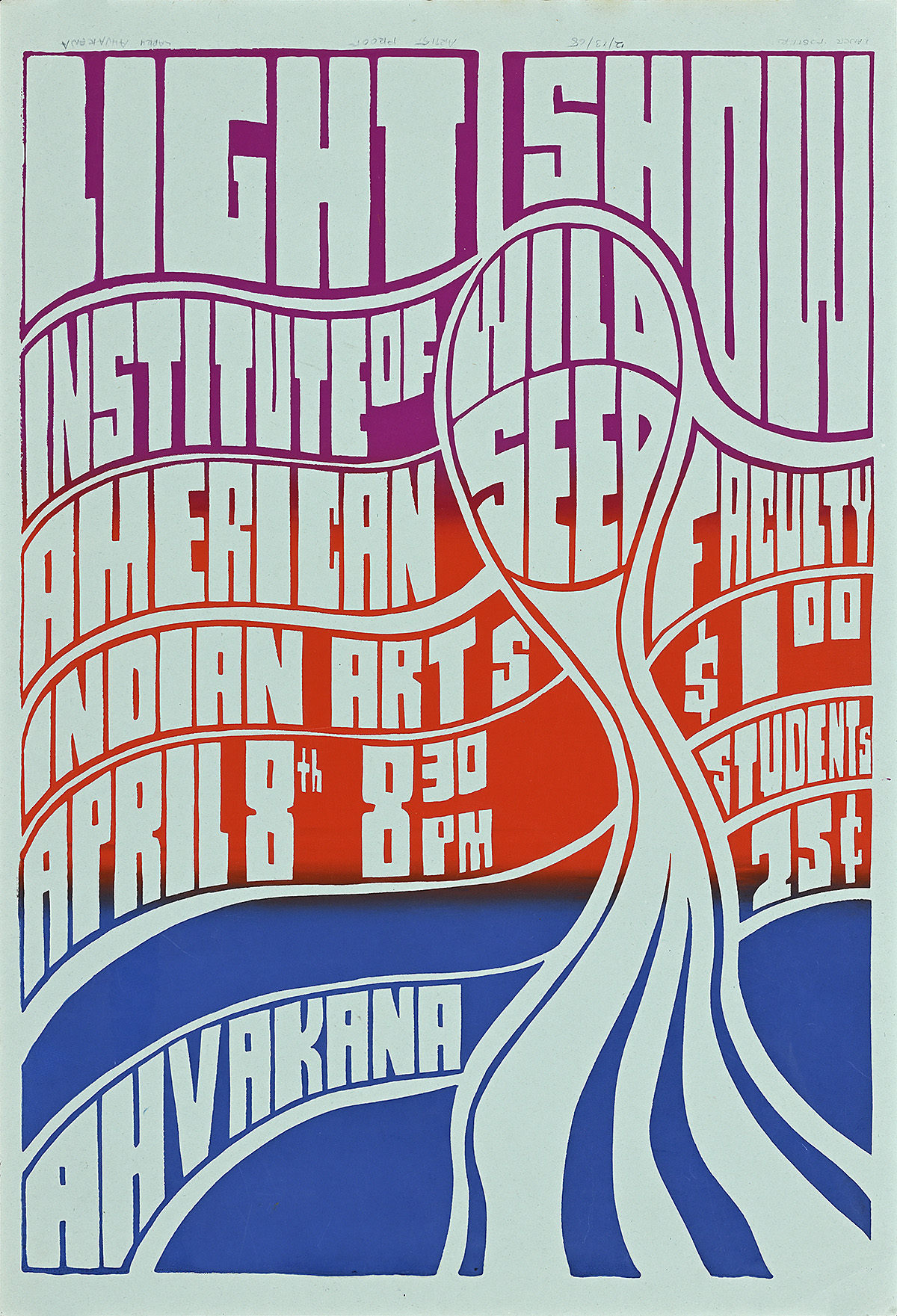 A poster with wavy stripes of white letters on a purple, orange, and blue background.