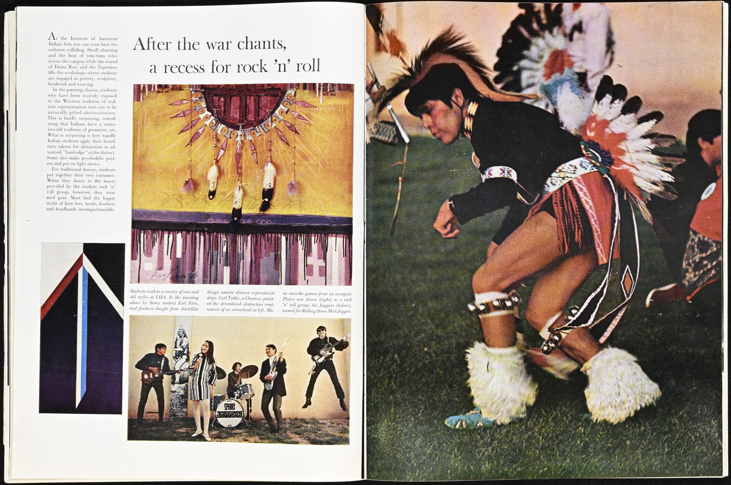 An open magazine spread with a photograph of a Native American dancing on the right and text on the left.