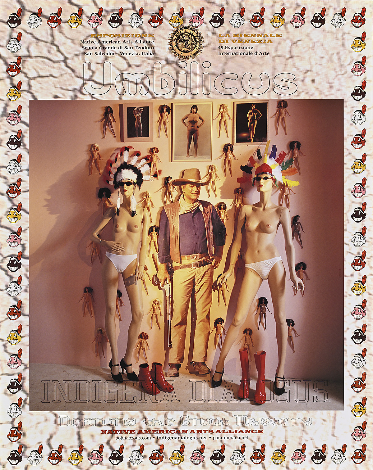 A poster with a photograph of a cardboard cutout of a man between two mannequins in headdresses.