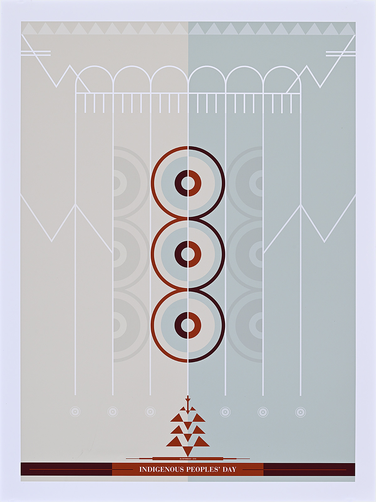 A poster of an abstract design with a centered stack of three circles and white lines in the background.