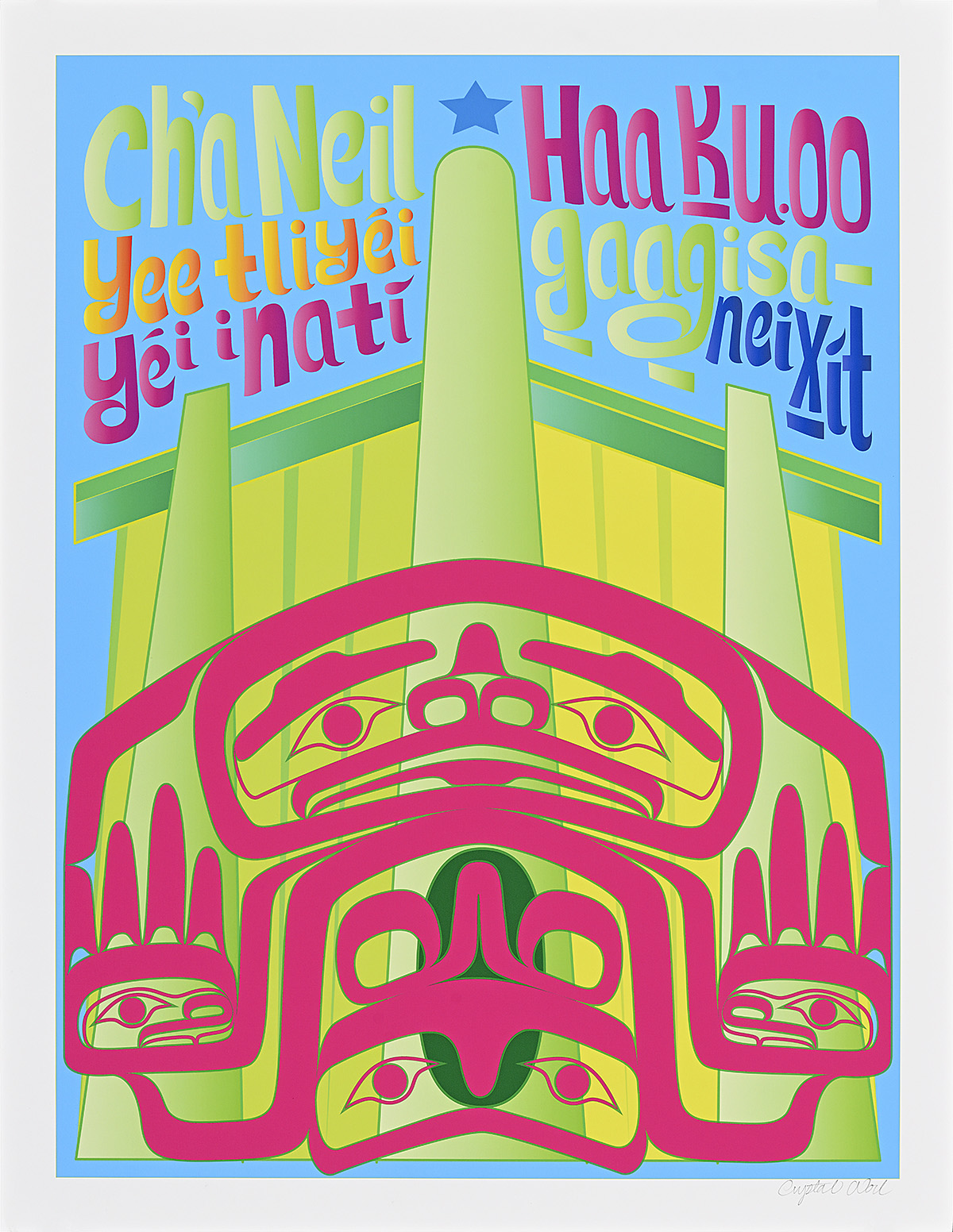 A poster with a pink totem-like figure in front of an architectural element with colorful text.
