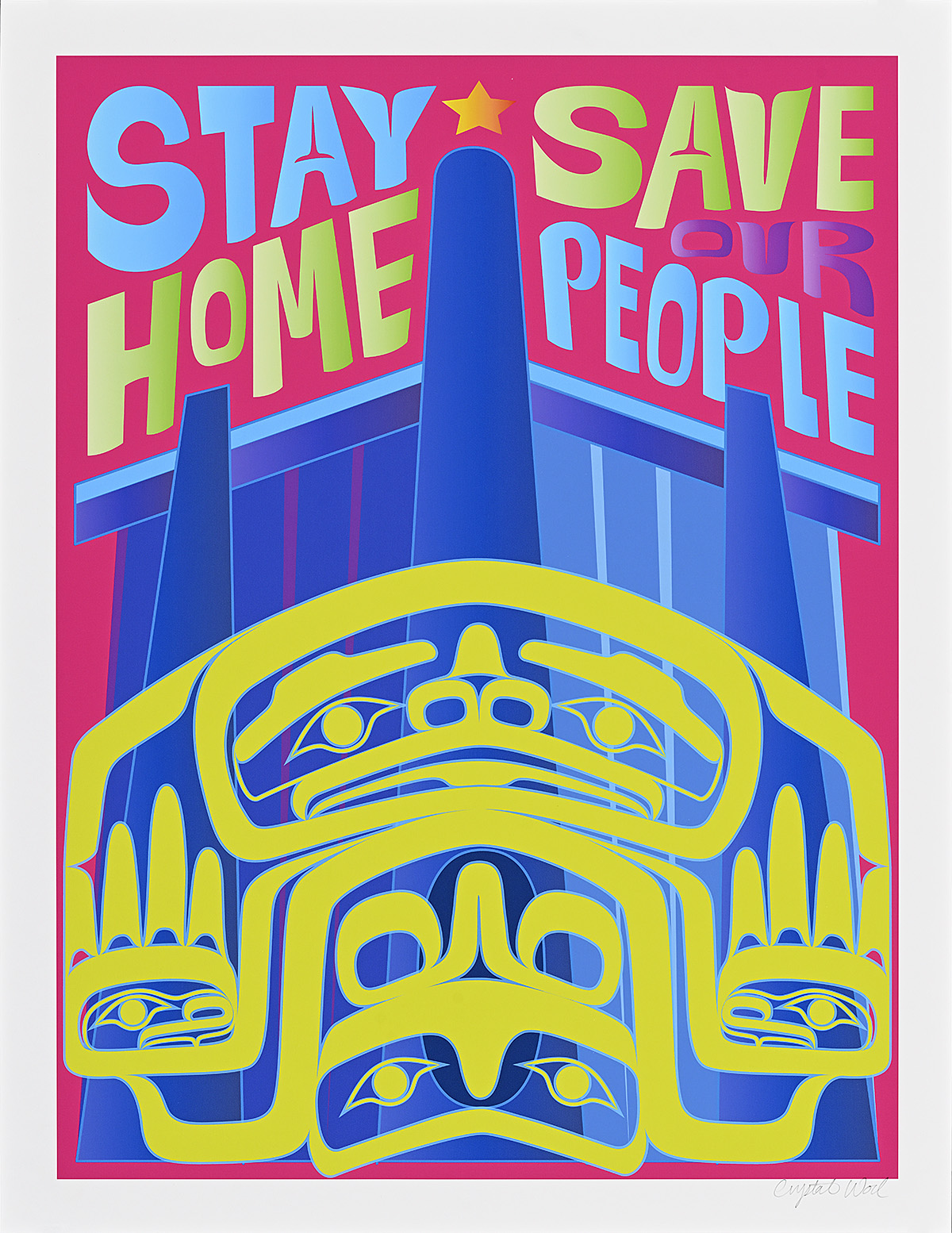 A poster with a green totem-like figure in front of an architectural element with blue and green text.