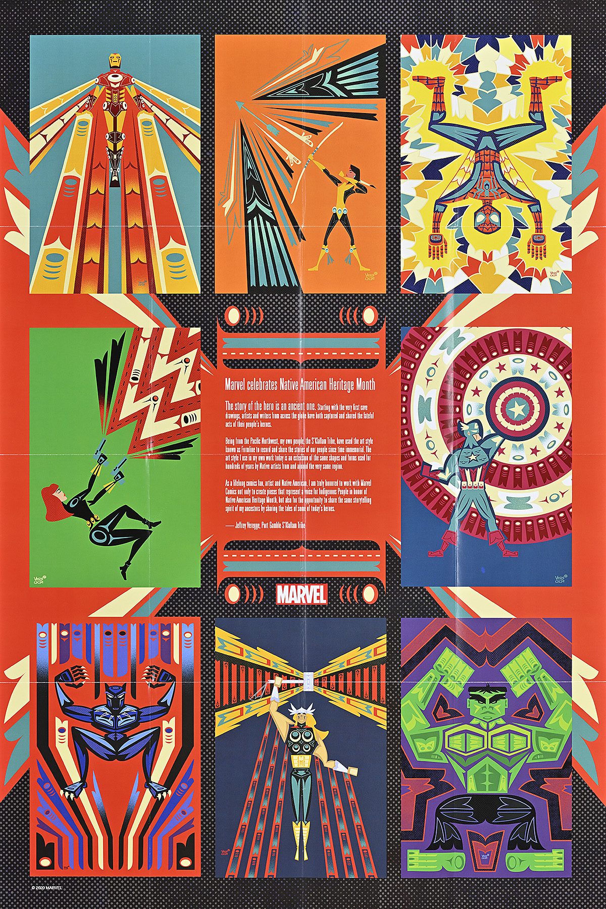 A poster with a grid made of different abstract and colorful illustrations of superheroes.