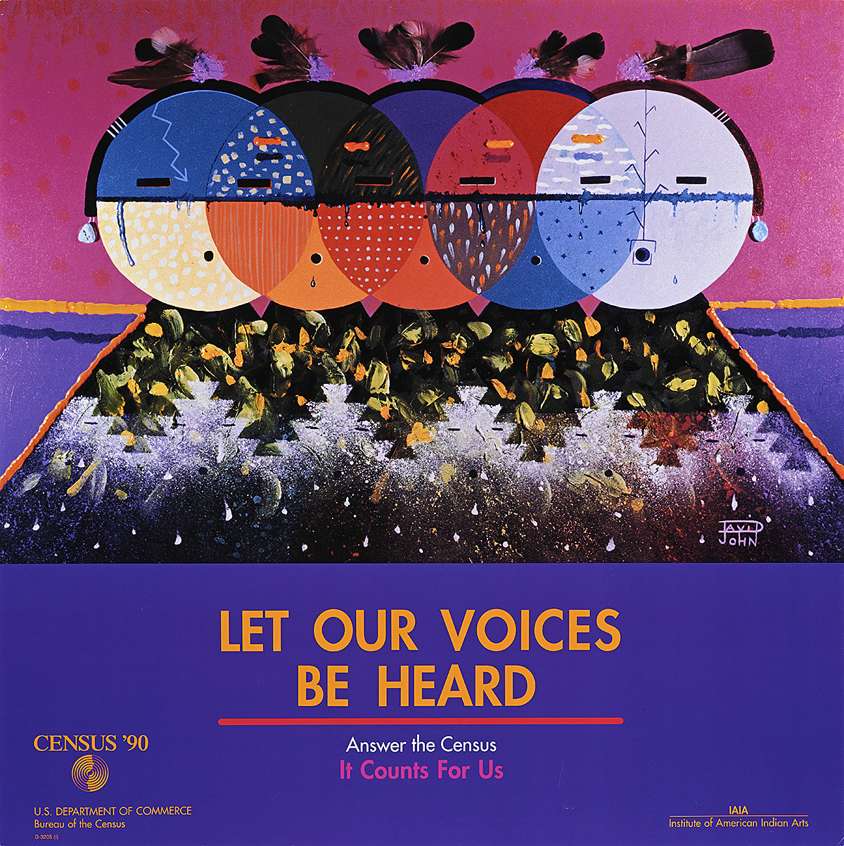 A poster with five stylized figures with circular overlapping heads and patterns on a purple background.