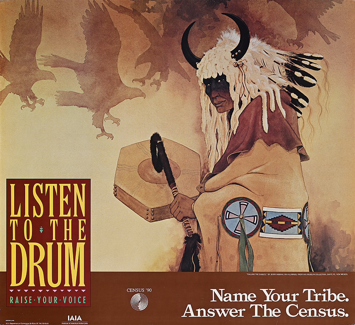 A poster with a painting of a Native American man wearing a cloak and feathered headdress holding a drum.