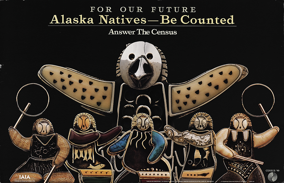 A poster with five figures standing in front of a large bird-like character with wings outstretched.
