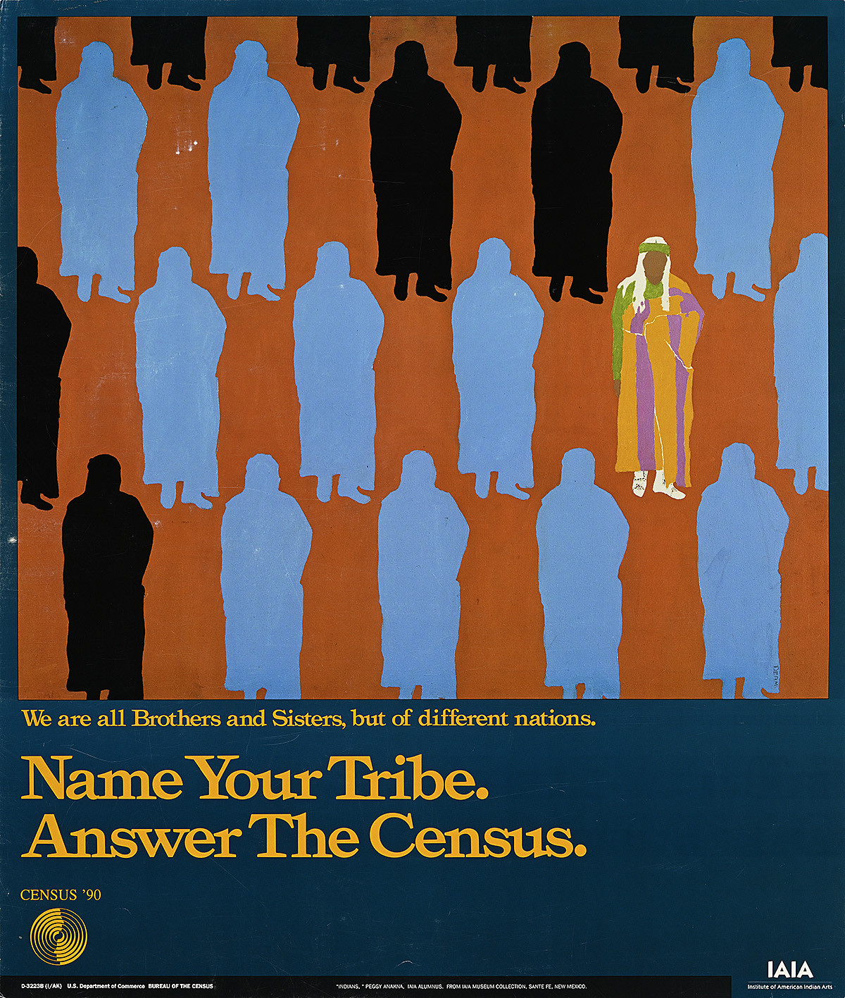 A poster with repeating blue and black silhouette figures arranged in lines on an orange background.
