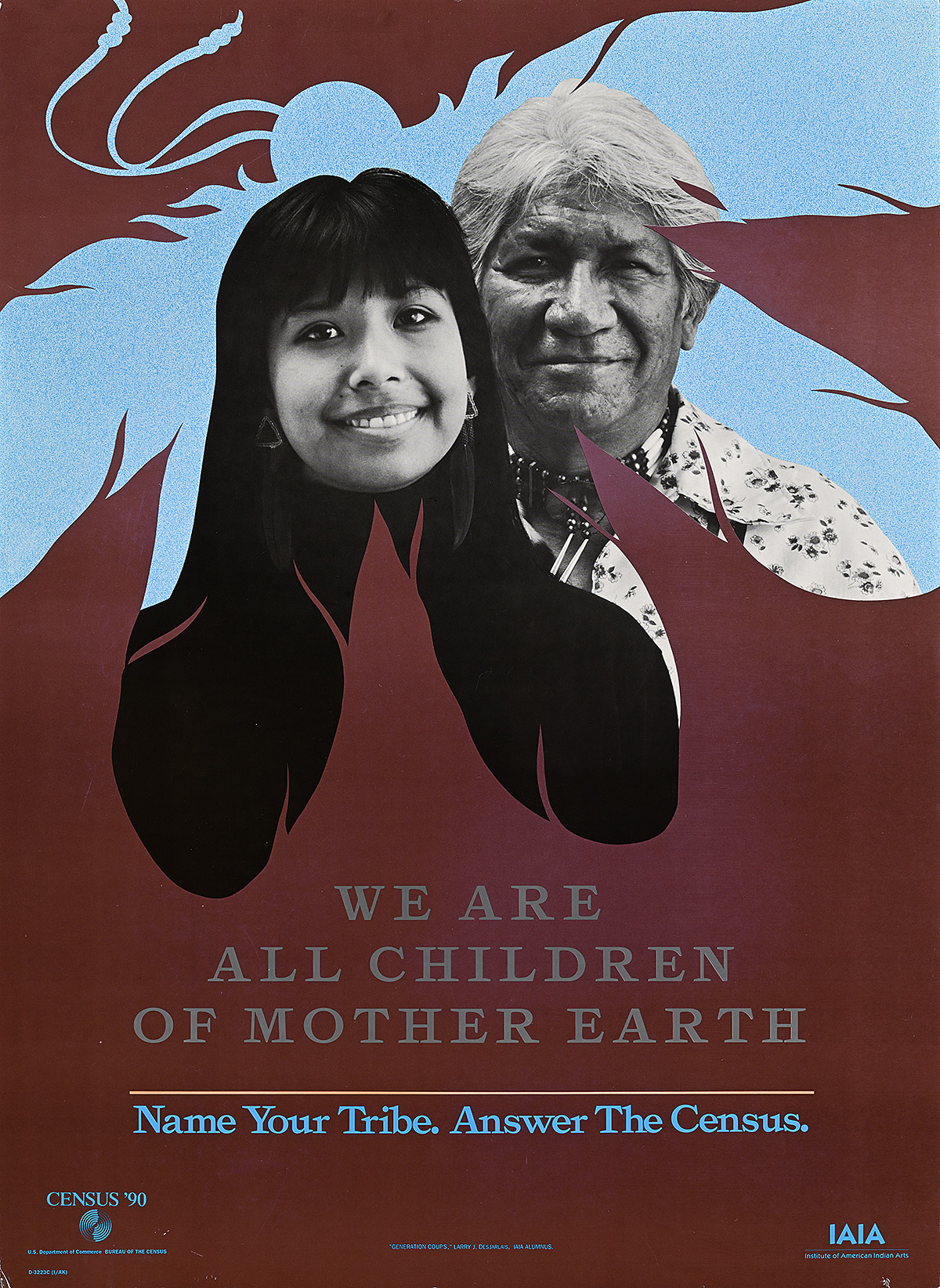 A poster with a black and white photograph of a young woman and older person inside cut-out feather shapes.