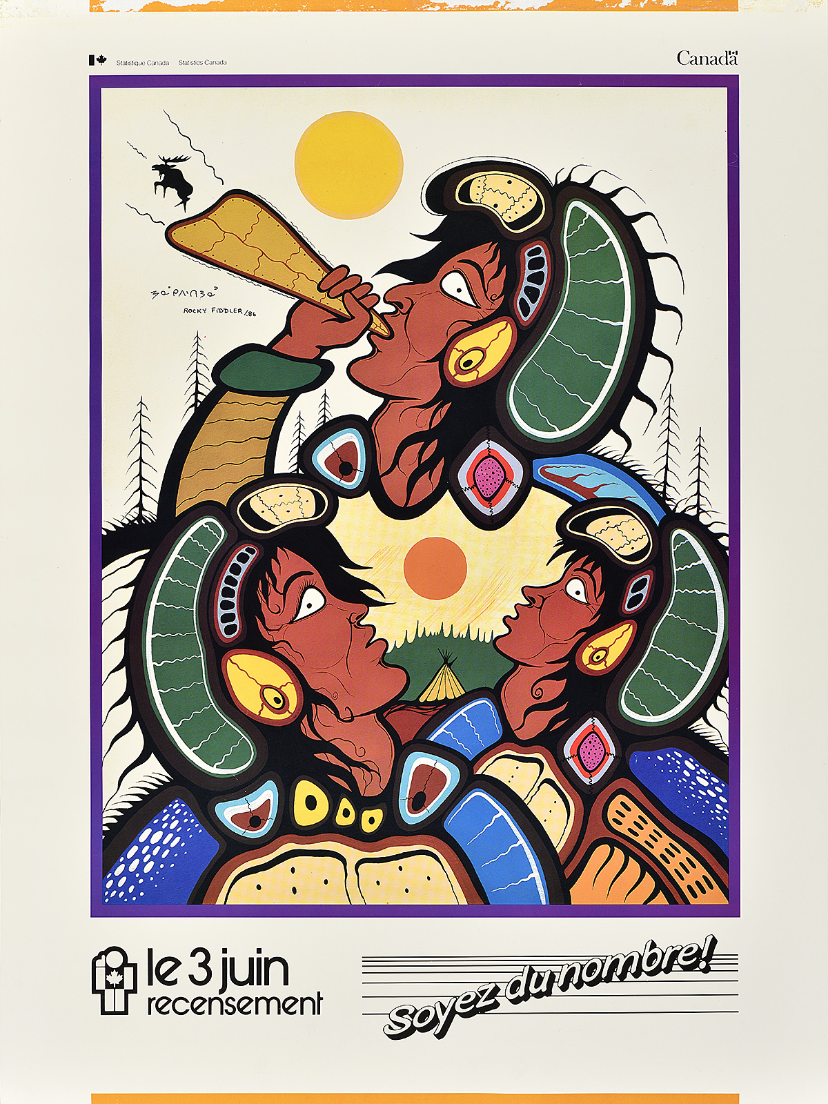 A poster with a colorful illustration of three Native American figures, one blowing a horn.