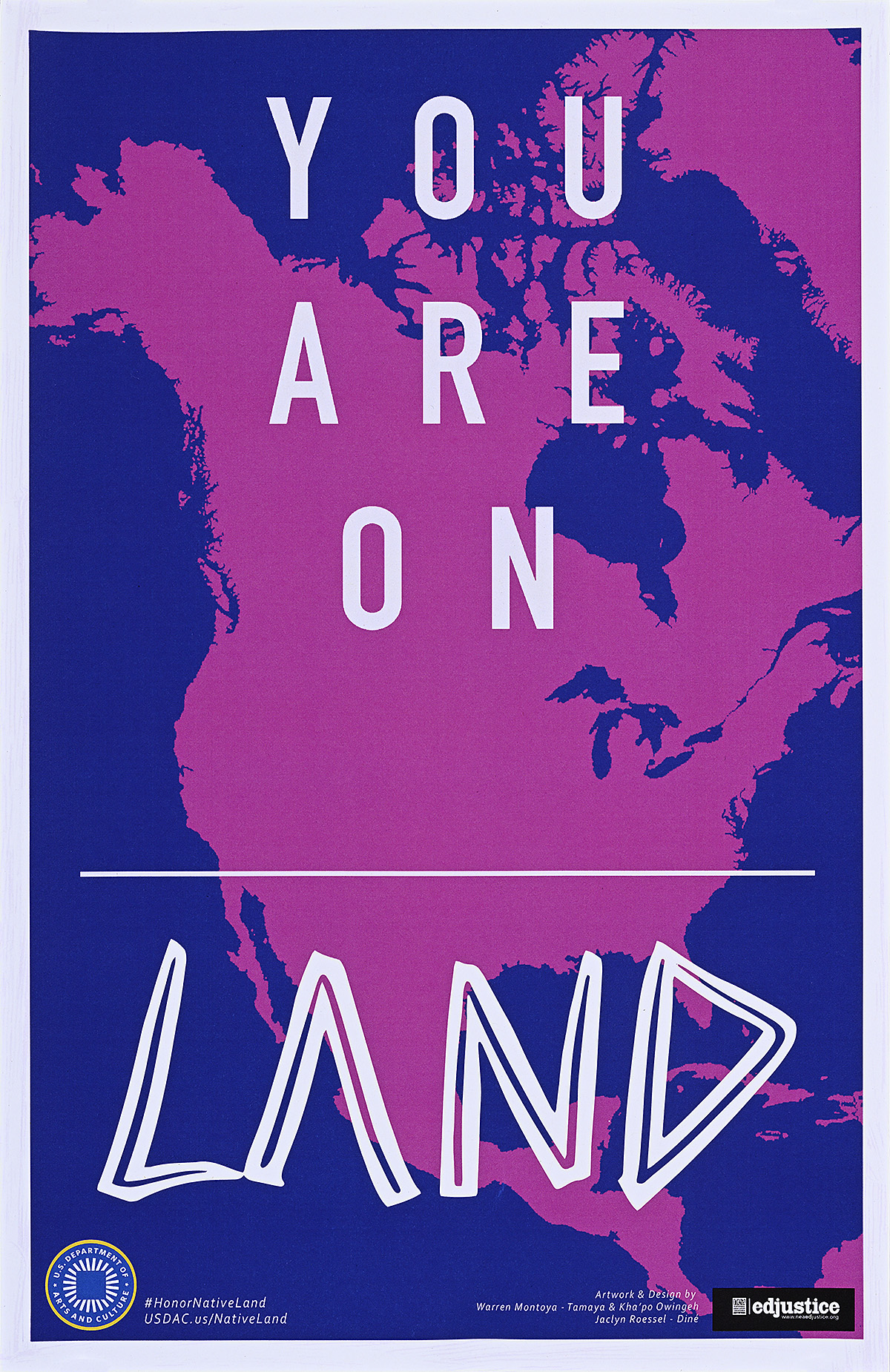 A poster with a fuschia map of North America surrounded by blue water with white text on top.