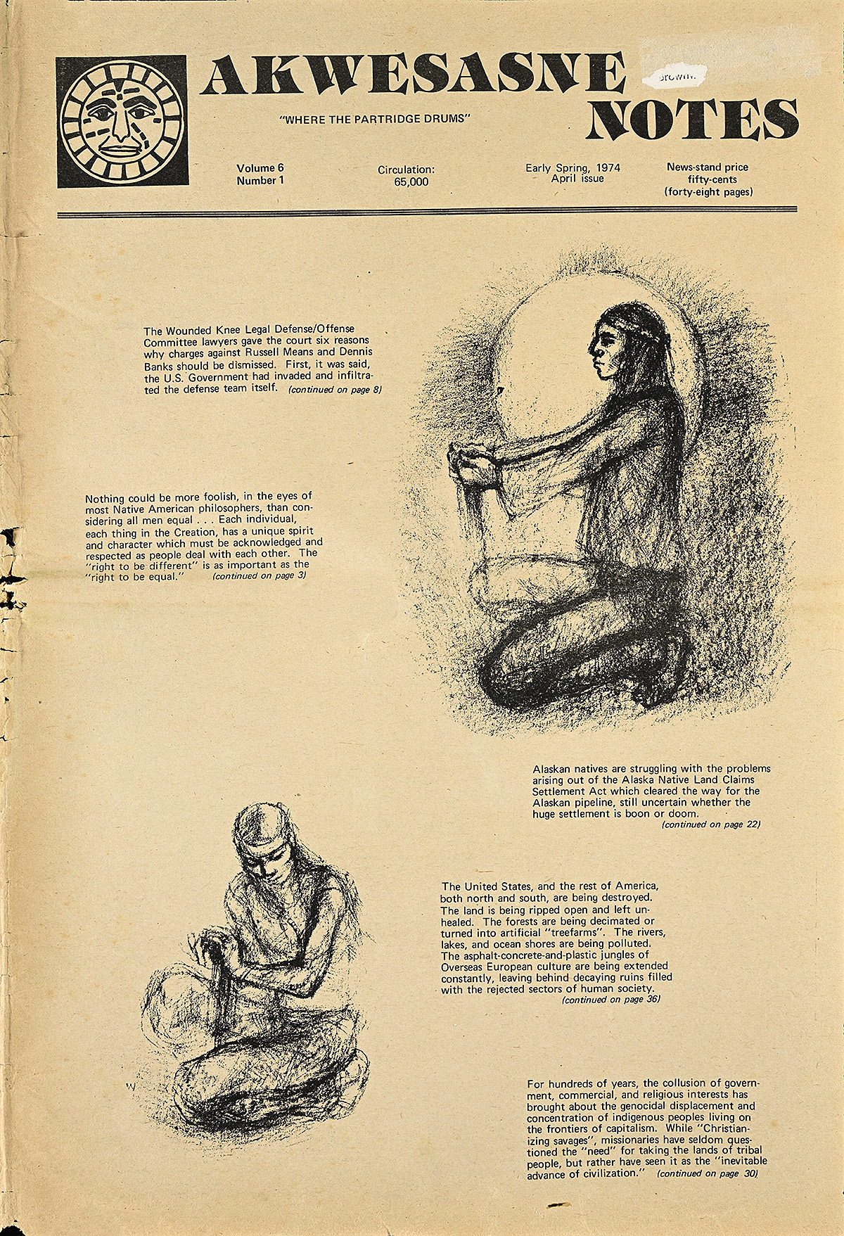 A page with two drawings of Native American figures kneeling surrounded by small black text.