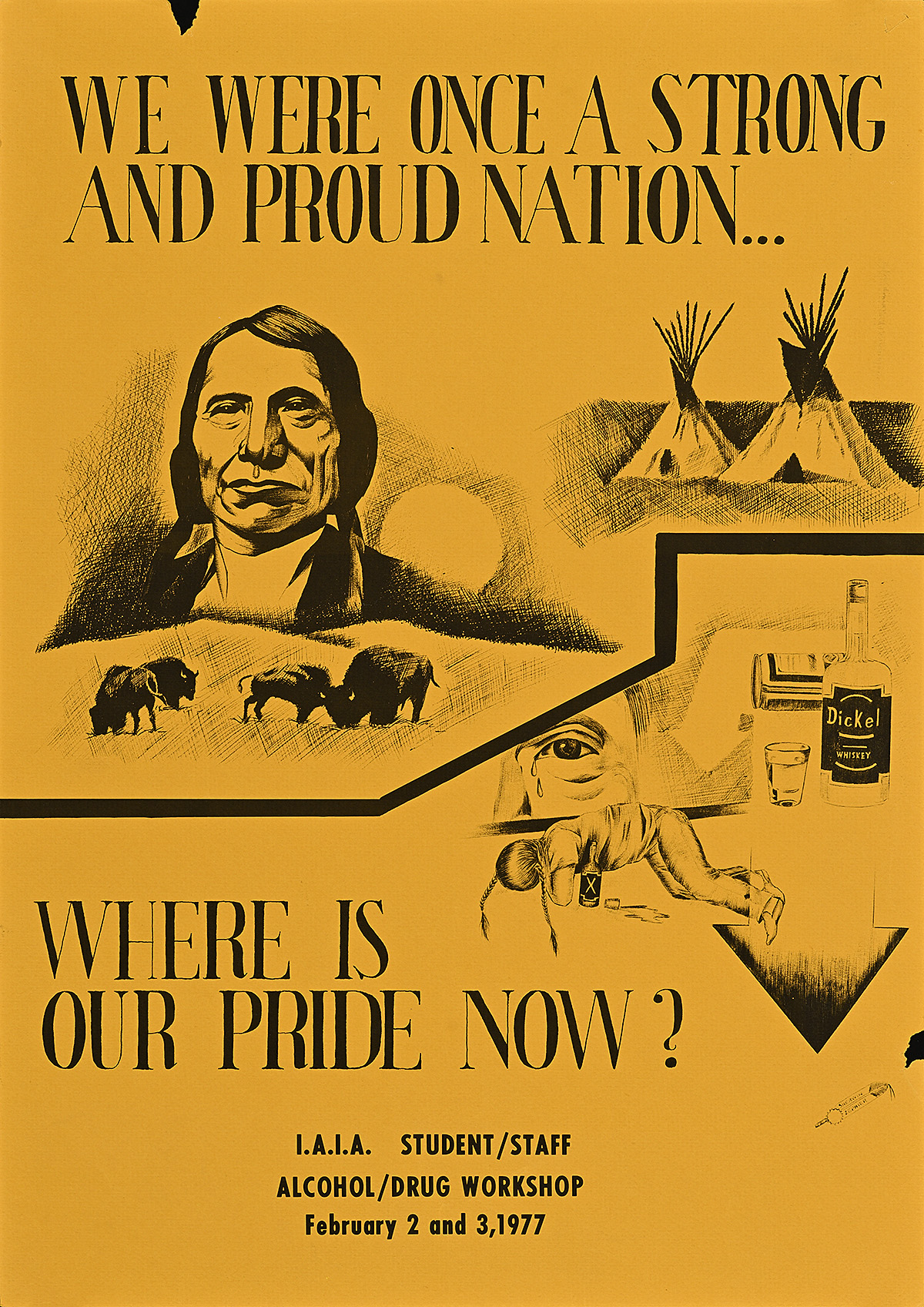 A poster with a collage of black illustrations of Native American imagery on a yellow background.