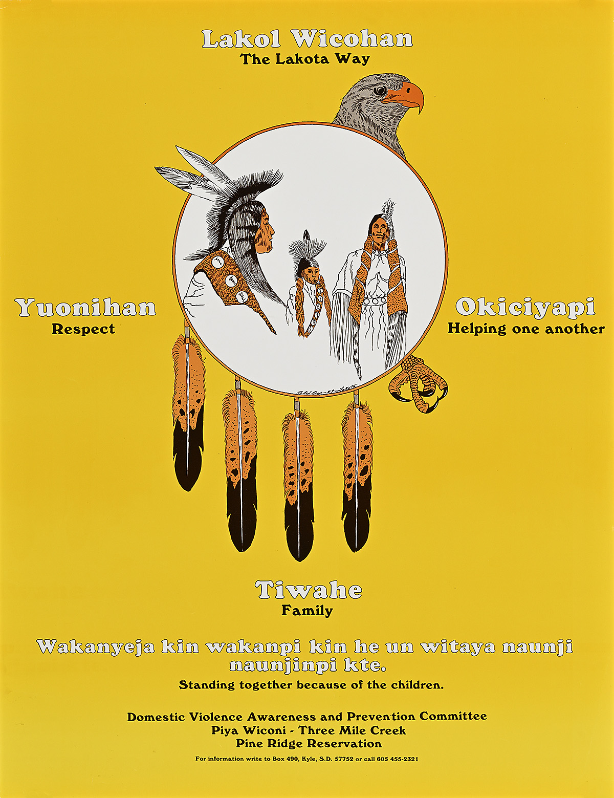 A poster with a drawing of three Native Americans inside of a dreamcatcher with a bird head and feathers.