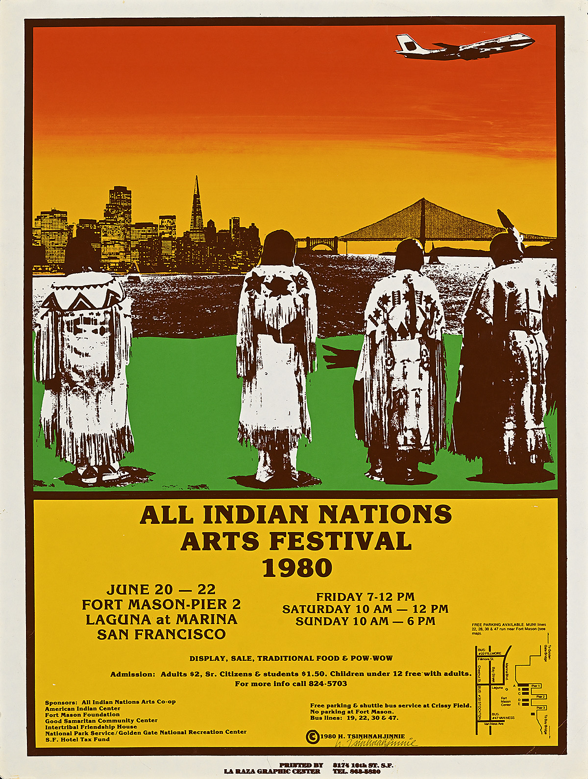 A poster with four Native Americans looking at a modern city skyline and airplane.