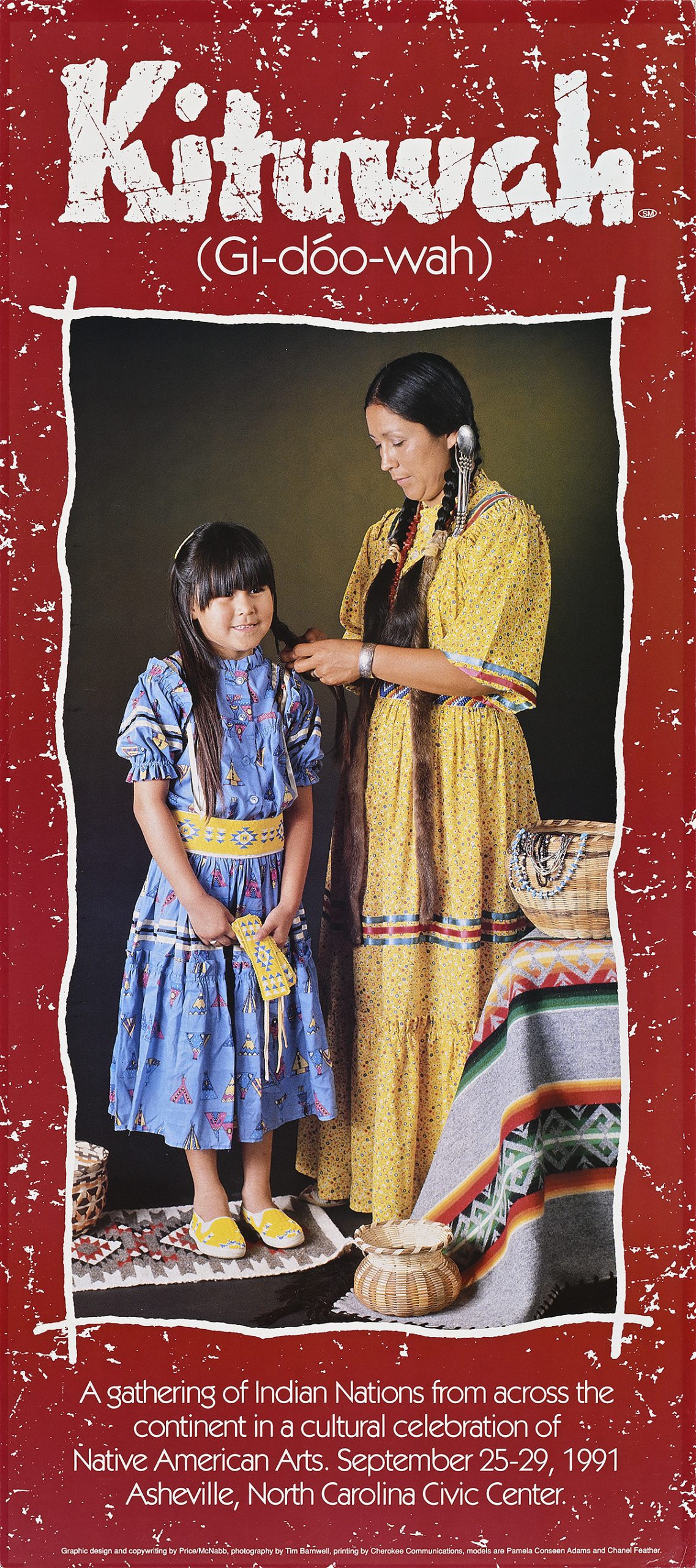 A poster with a photograph of a woman braiding the hair of a young girl surrounded by a red border.
