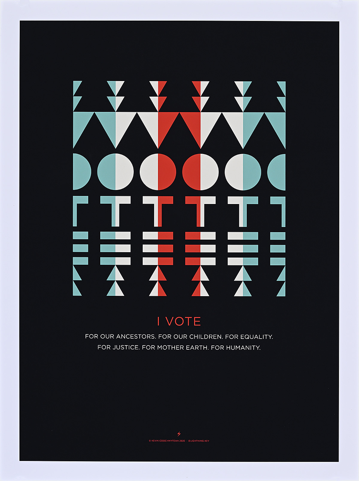 A poster of abstract and geometric shapes arranged in a vertical pattern in red, white, and teal.