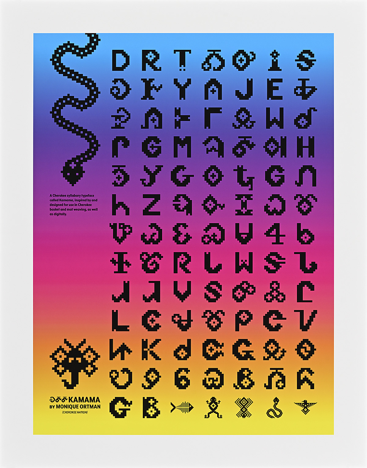 A poster of small black symbols and a snake on top of a color blend background of blue, pink, and yellow.