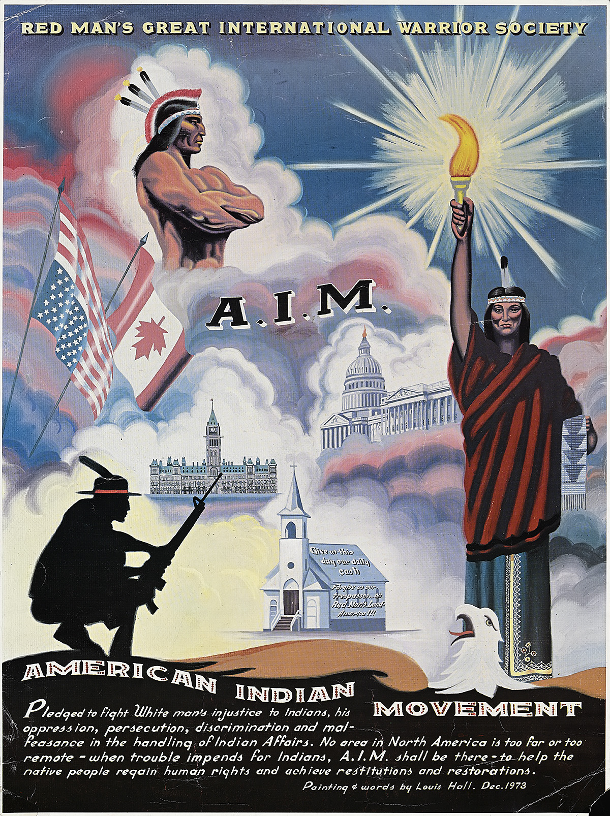 A poster with a painting of combined images of Native Americans, buildings, and flags in clouds.