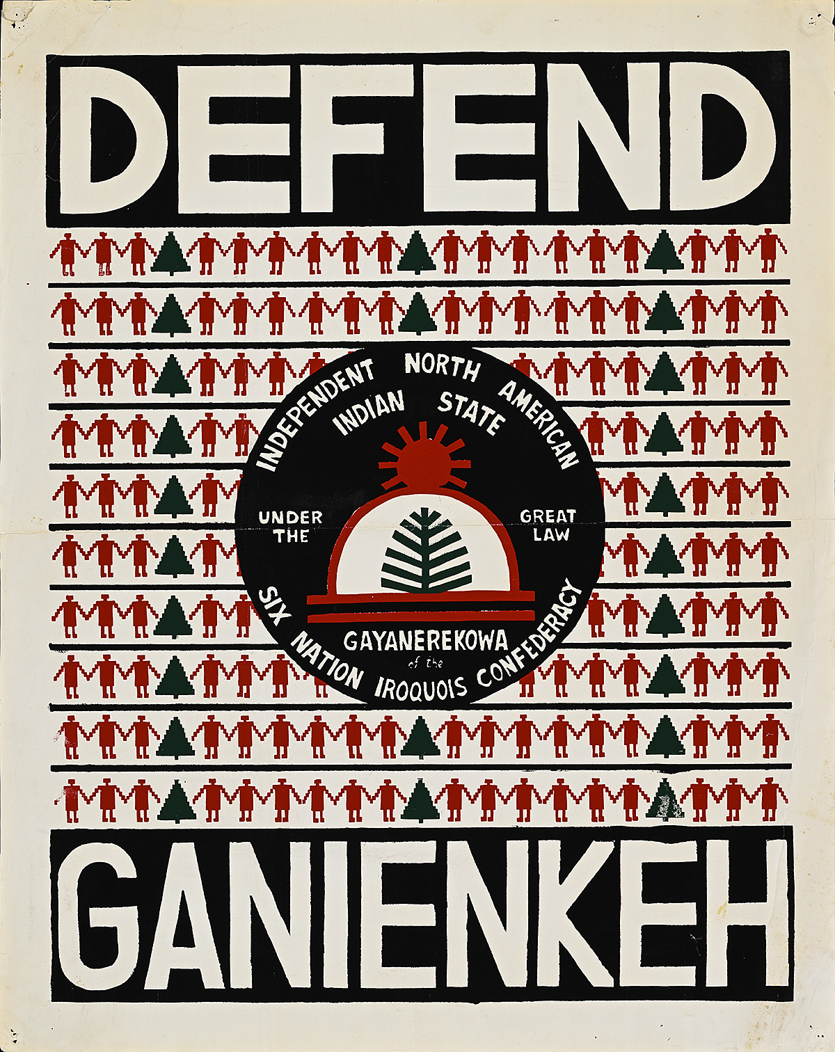 A poster with a central circle emblem in front of a pattern of small red figures holding hands and trees.