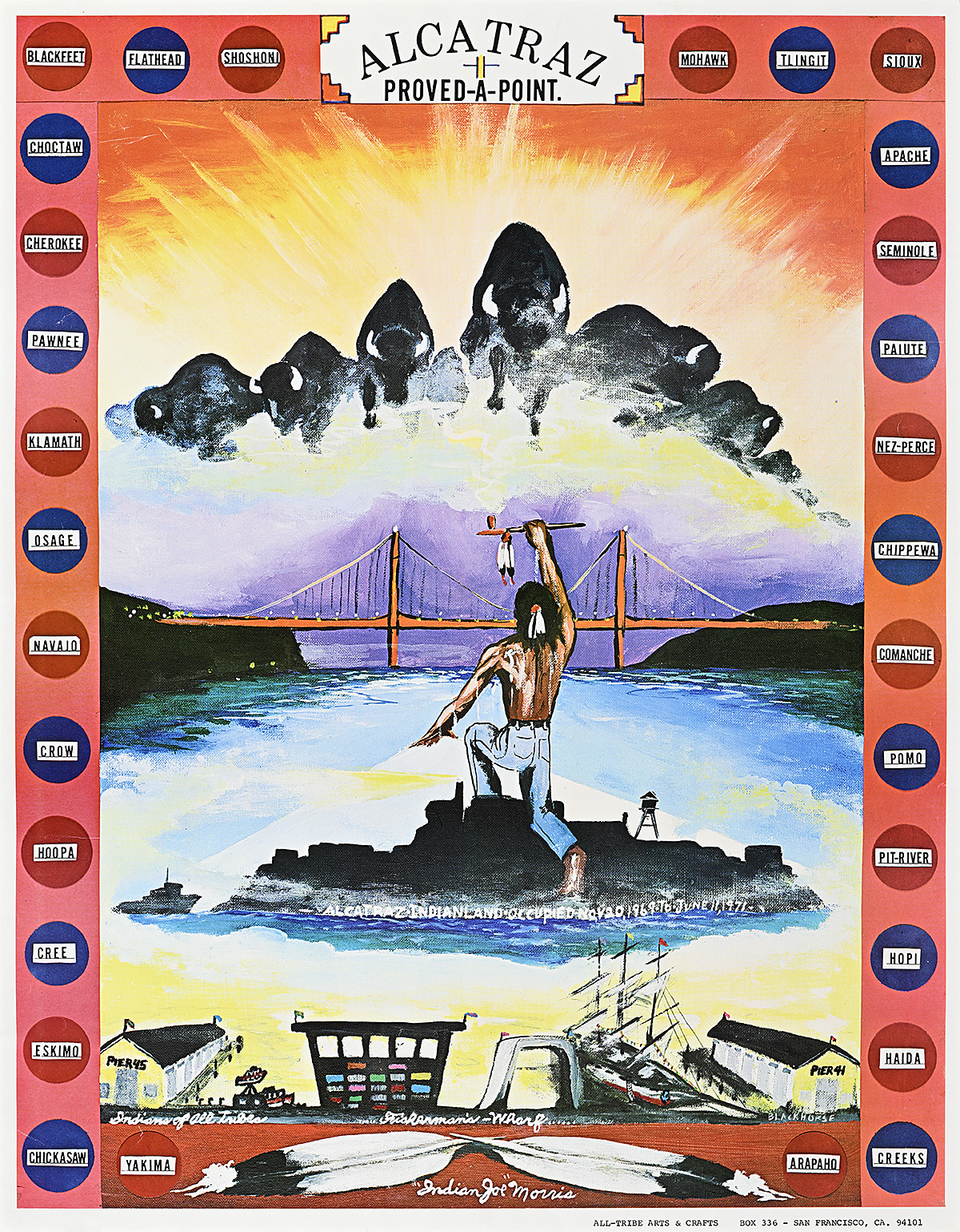 A poster of a kneeling Native American man with his fist raised in front of the Golden Gate Bridge.