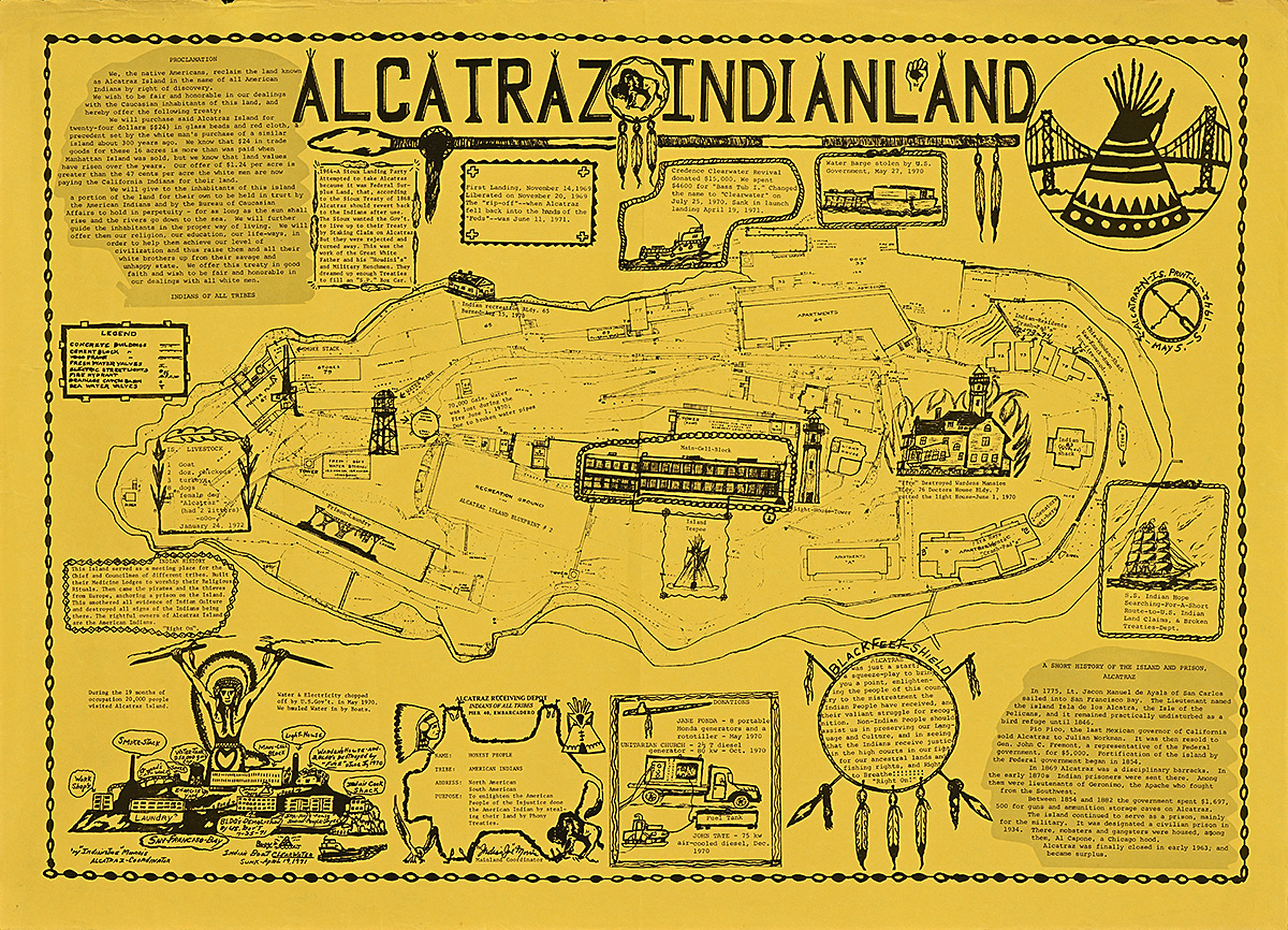 A poster with a map and buildings and small text in black on a yellow background.