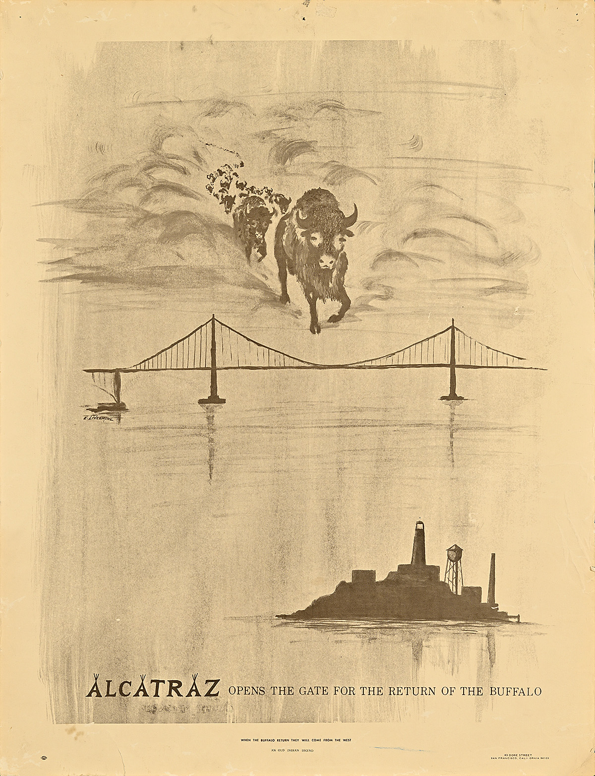 A poster with drawings of a herd of buffalo above the Golden Gate Bridge and Alcatraz on aged paper.