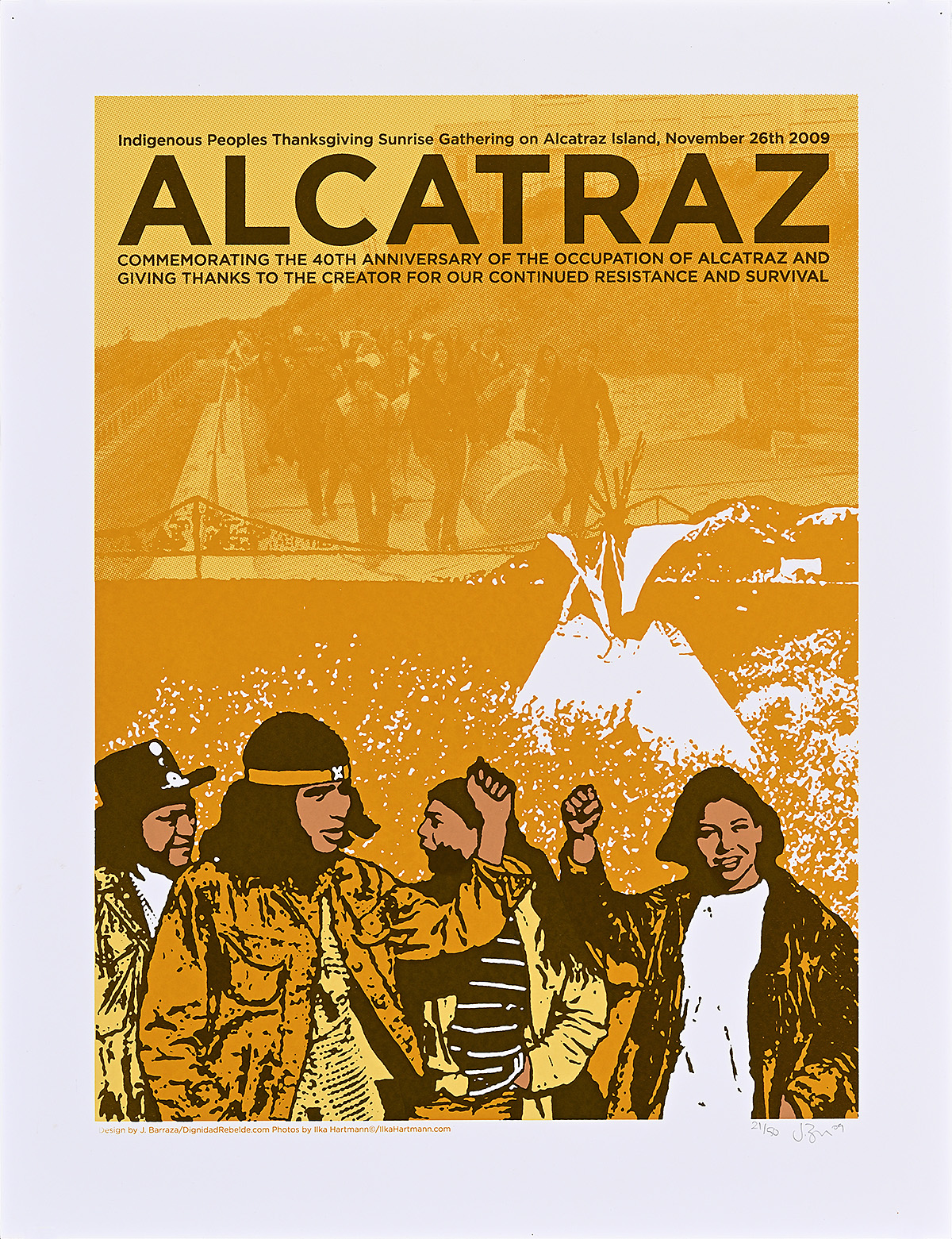 A poster with an illustration of a group of people with raised fists in front of a photograph of people marching.