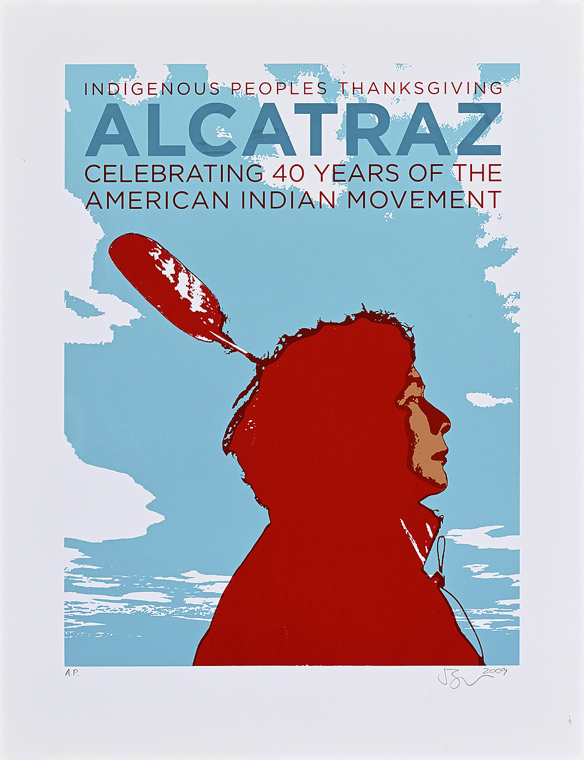 A poster with a red side profile silhouette of a person in front of a blue sky.