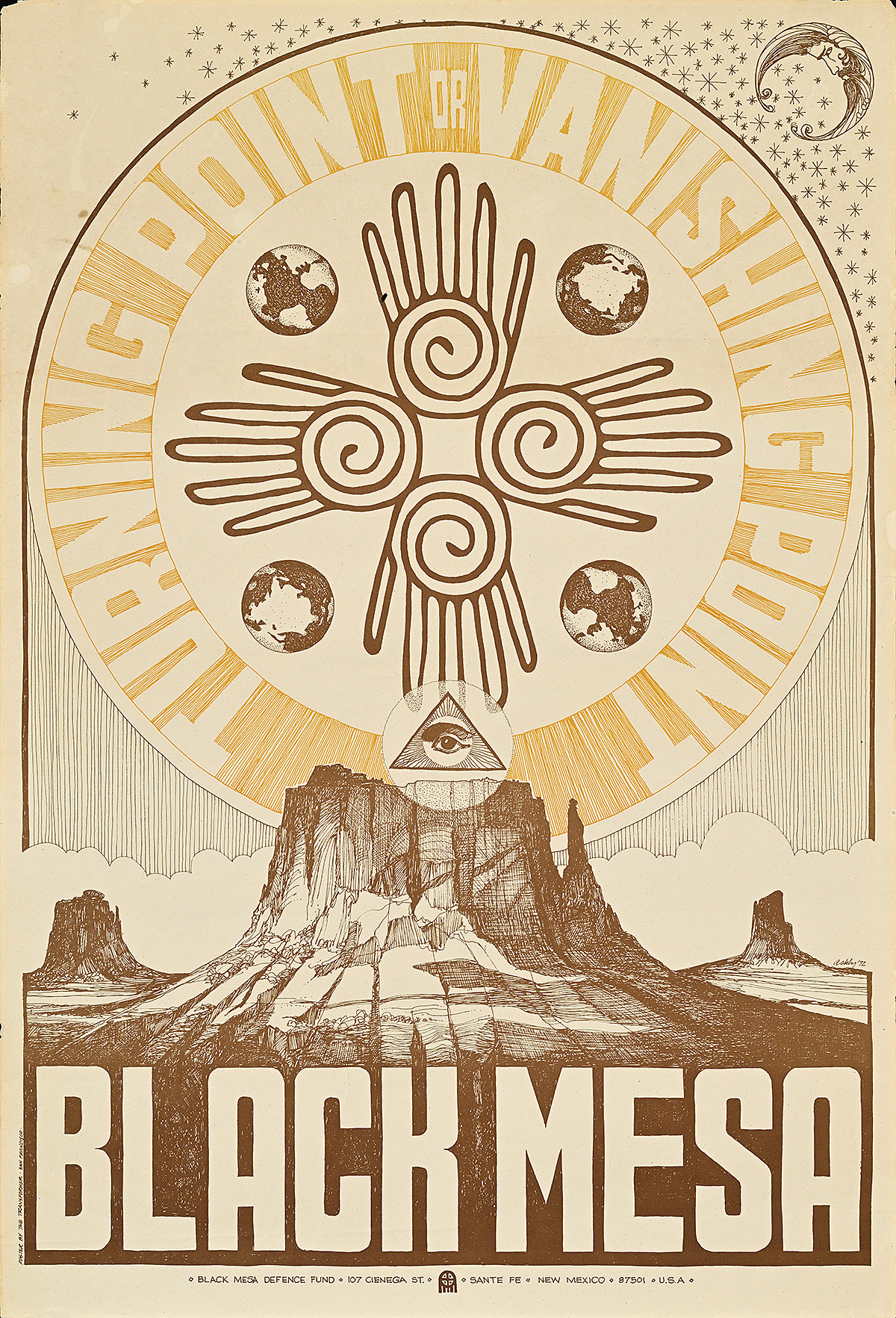 A poster with a line illustration of a landscape below celestial elements, symbols, and text in a circle.