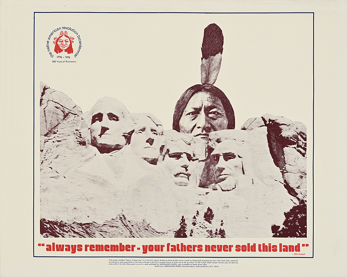 A poster of a mountain with faces of white men with a Native American man in a feathered headdress rising up behind it.