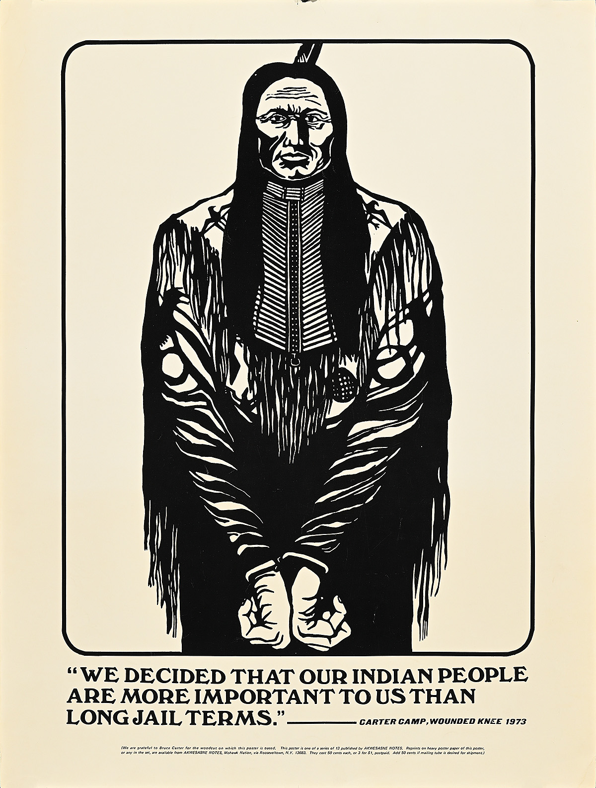 A poster with a woodcut of a Native American man wearing handcuffs.