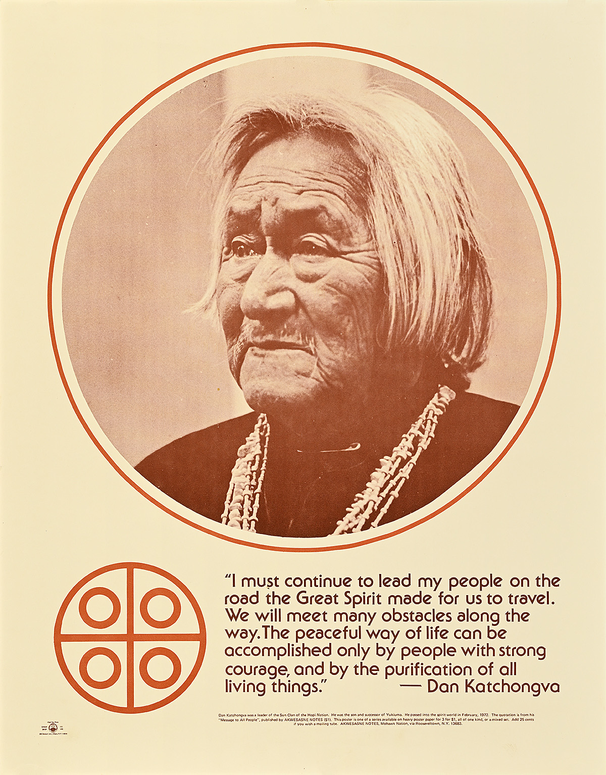 A poster with a photograph of an older Native American person inside a circle above a red geometric symbol.