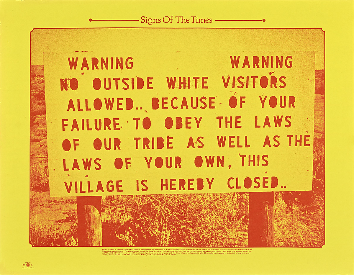 A poster of a sign in a desert landscape printed with red ink on yellow paper.