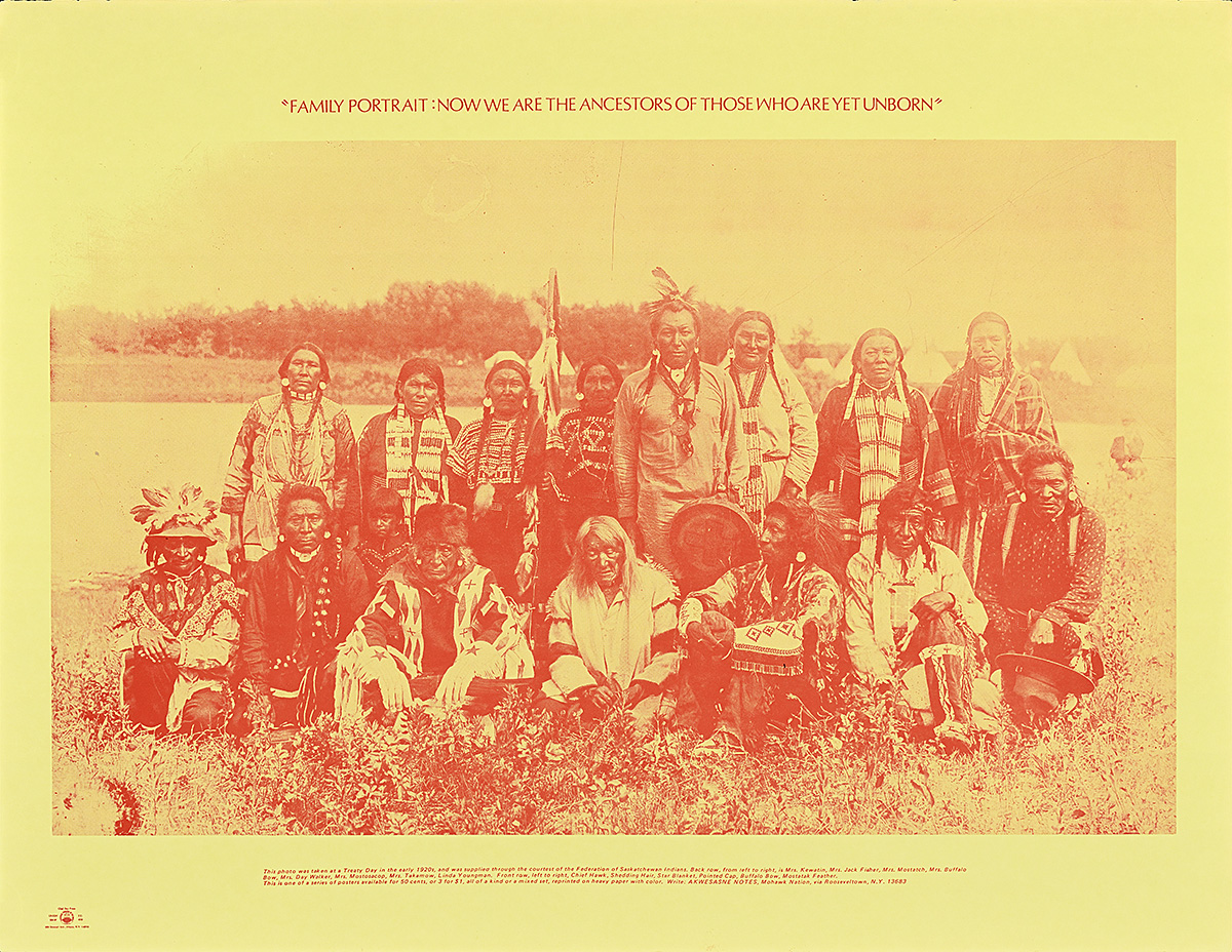 A poster featuring a photograph of Native American men and women in regalia, standing in two rows.