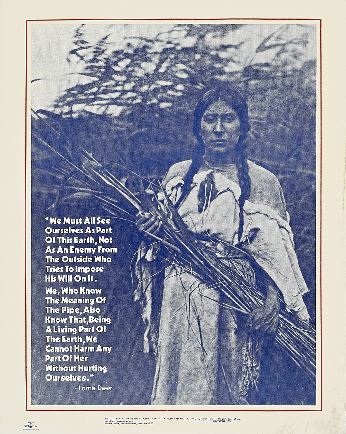 A poster of a Native American woman holding a long sheaf of grain looking seriously at the camera.