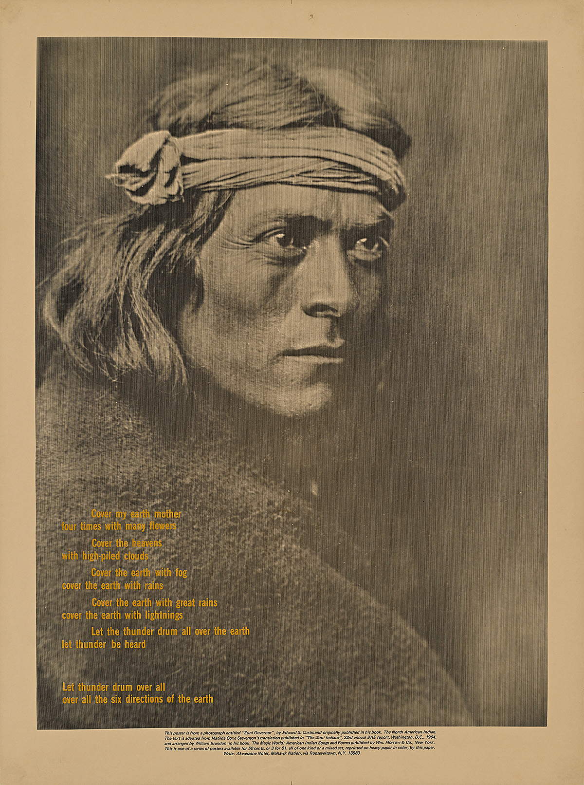 A poster with a photograph of a Native American looking into the distance with small orange text overlayed.