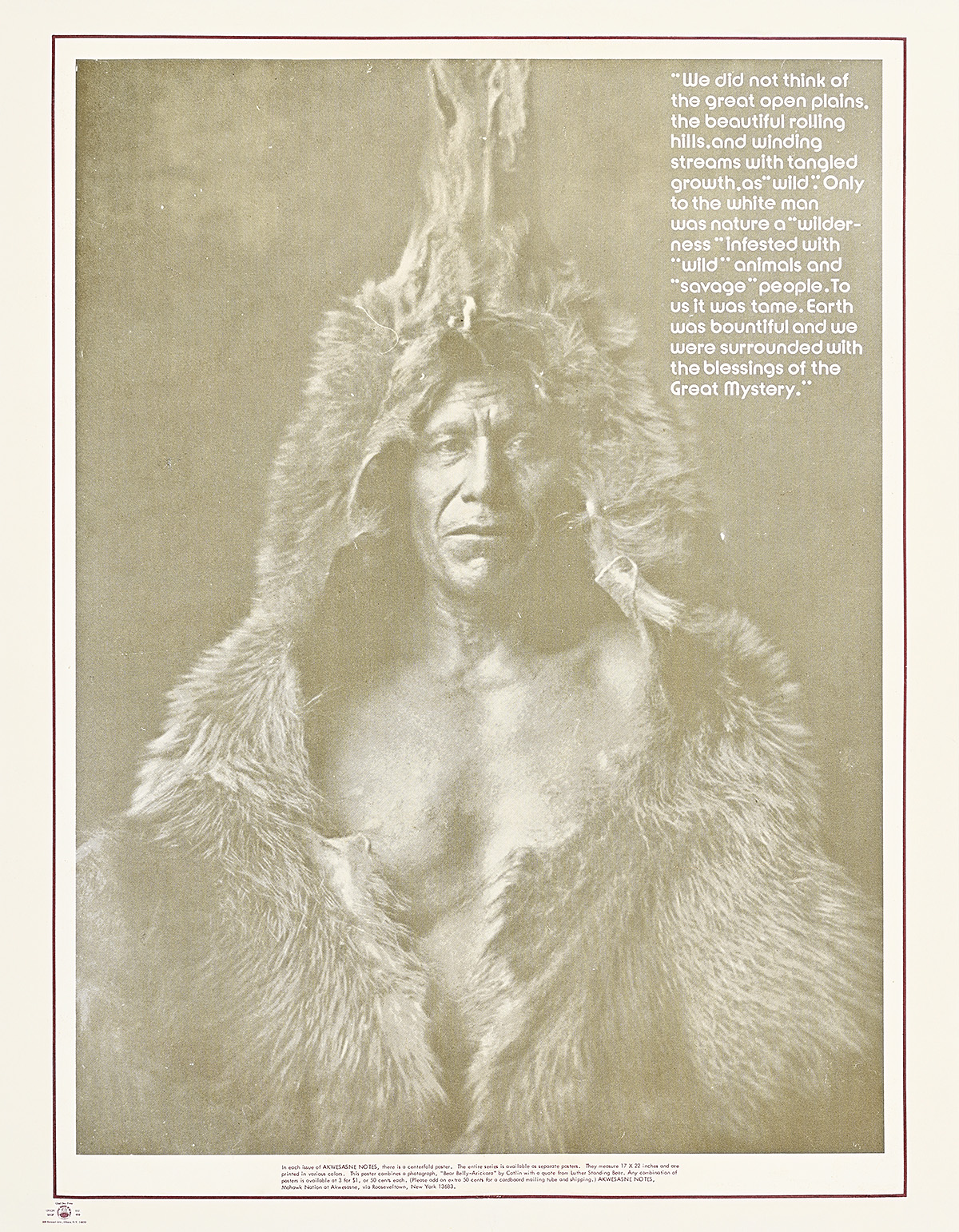 A poster with a photograph of a Native American man wearing a bearskin.