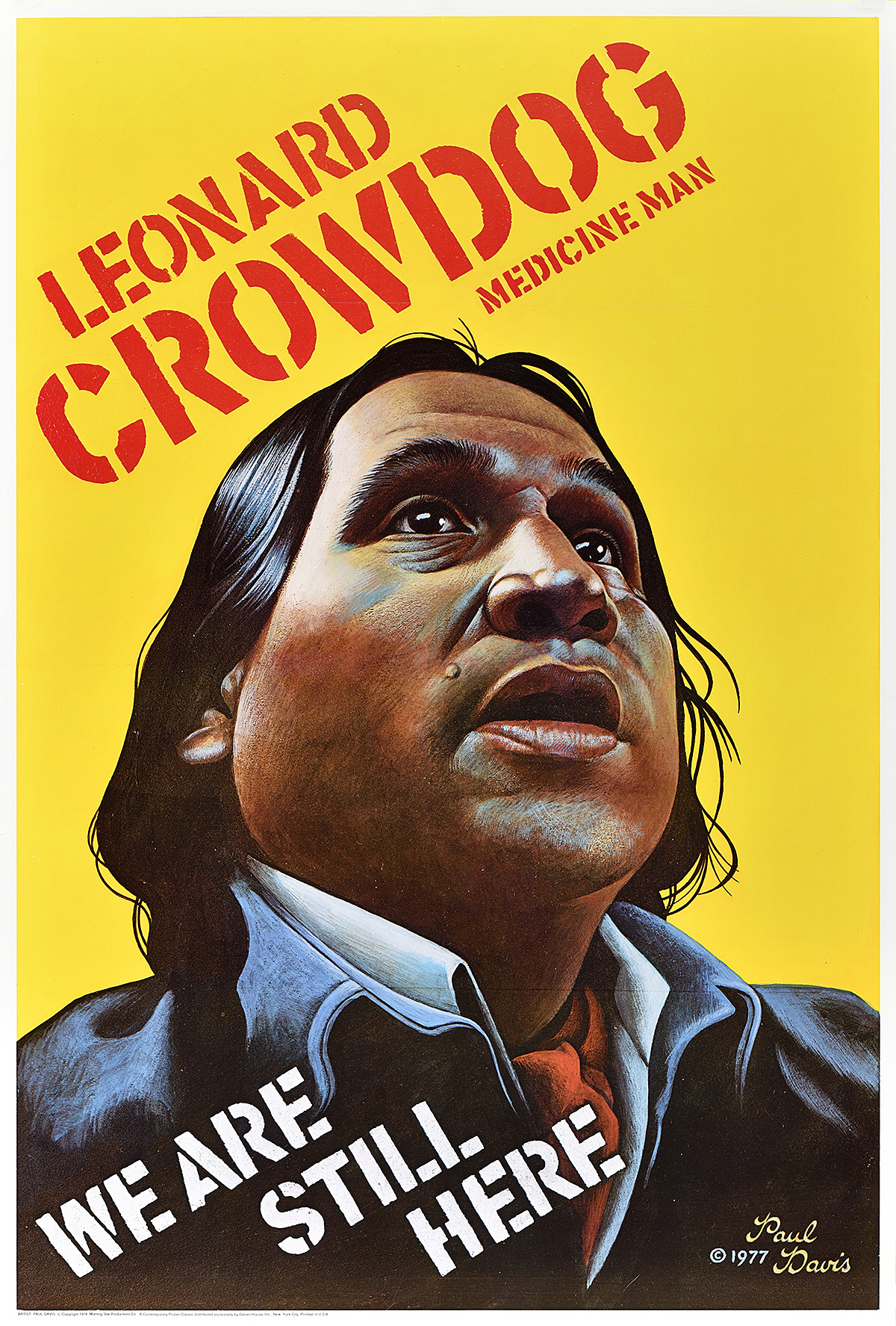 A poster with a close-up of a Native American man's face on a yellow background.
