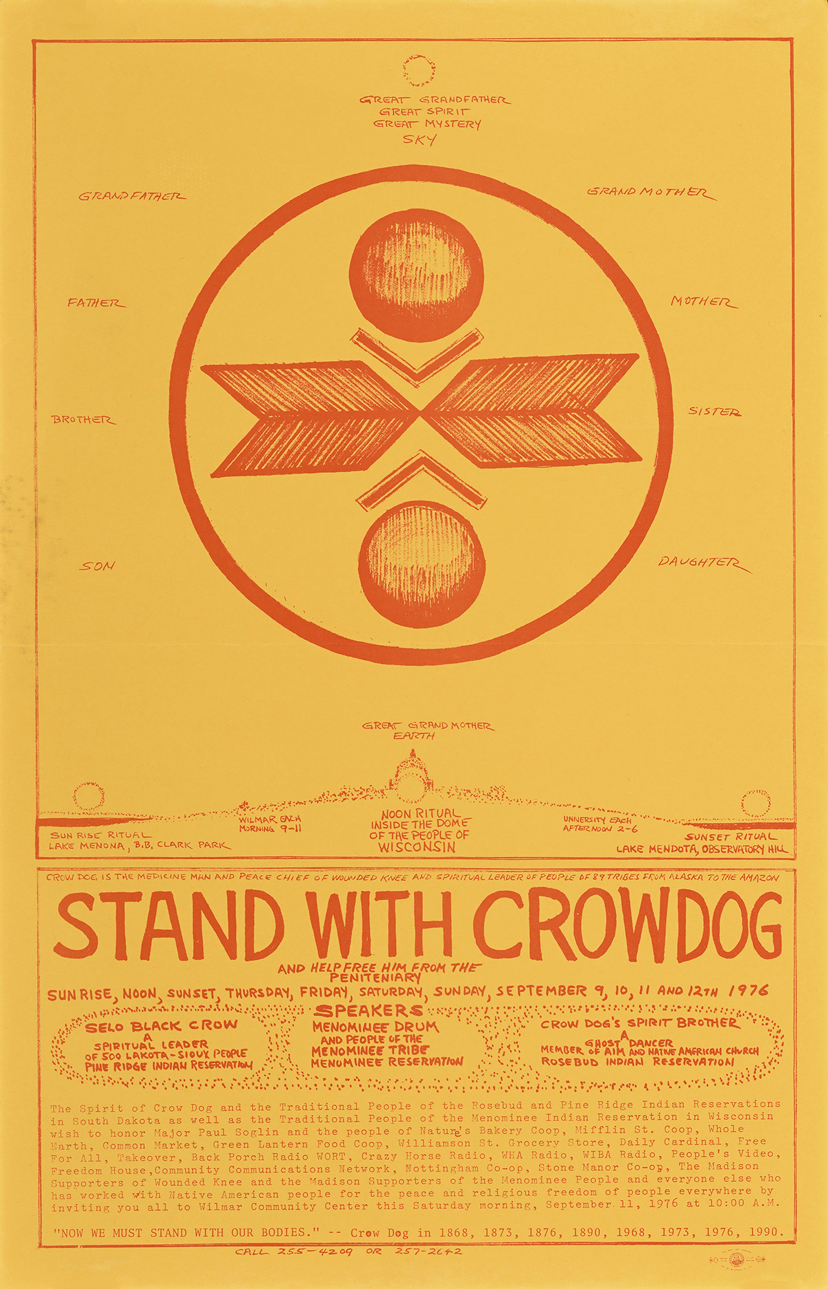 A poster with an orange circlular central emblem with family terms surrounding it on a yellow background.
