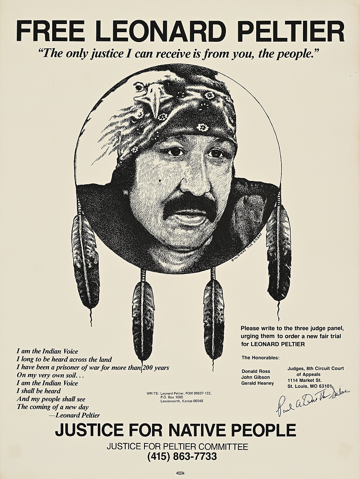 A poster with an illustration of a Native American man's face inside a circle with four feathers hanging down from it.