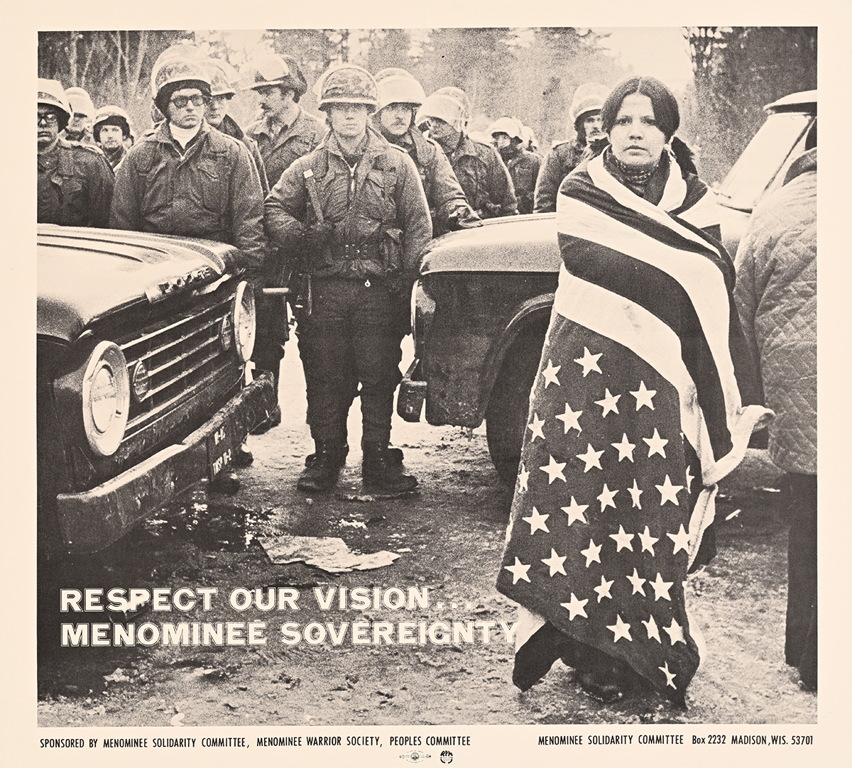 A poster of a young Native American woman wrapped in an American flag standing in front of men in combat uniforms.