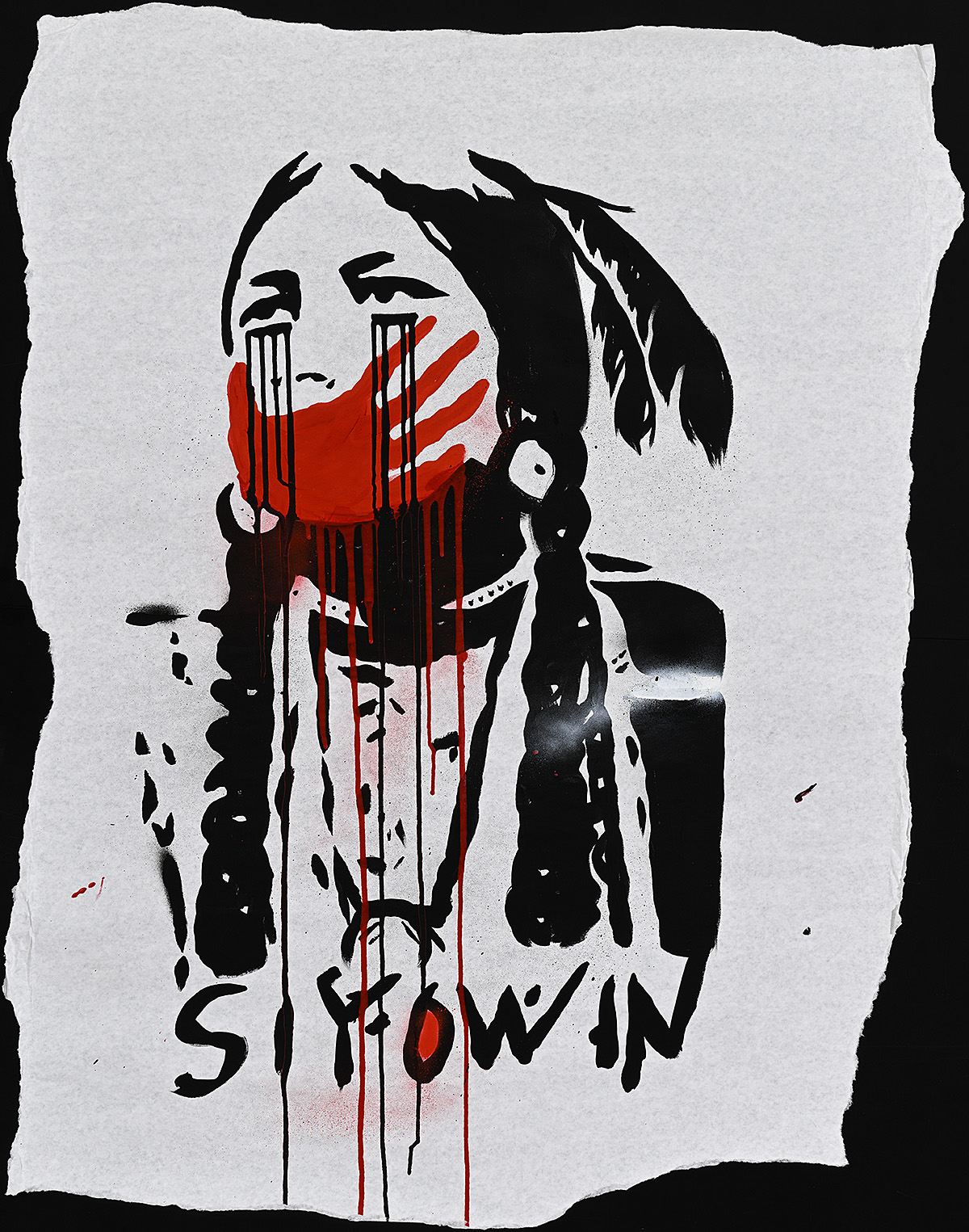 A piece of paper with black stencil art of an Indigenous person and a red hand print across their mouth.