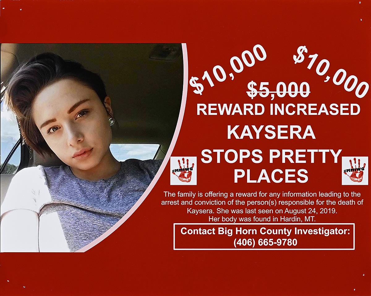 A poster with a photograph of a young woman on the left and white text on a red background on the right.