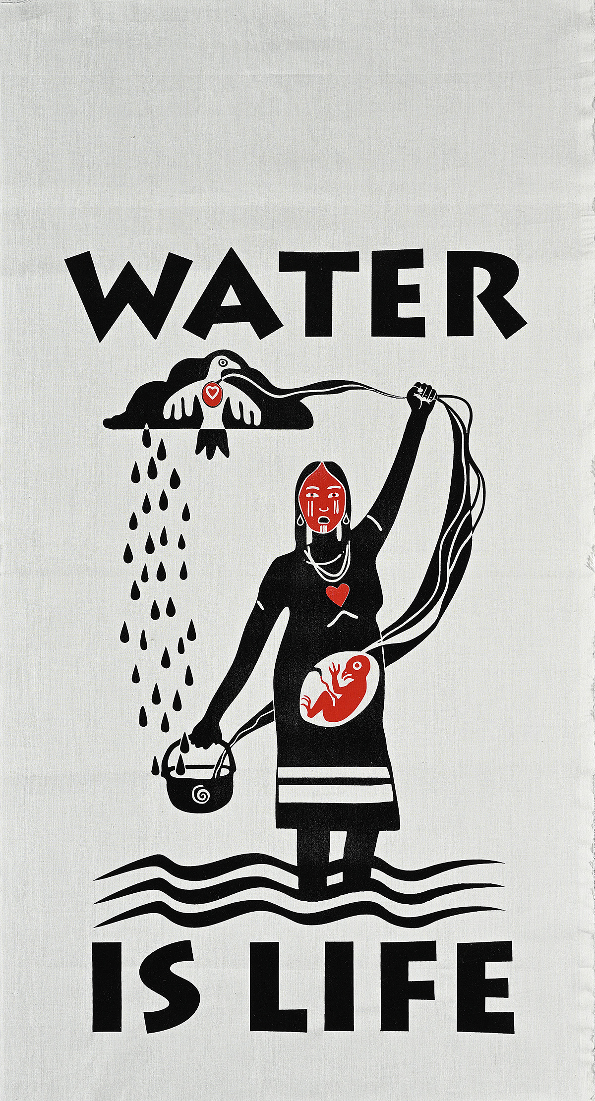A poster with an illustration of a pregnant woman standing in water, holding a bucket and a raining cloud.