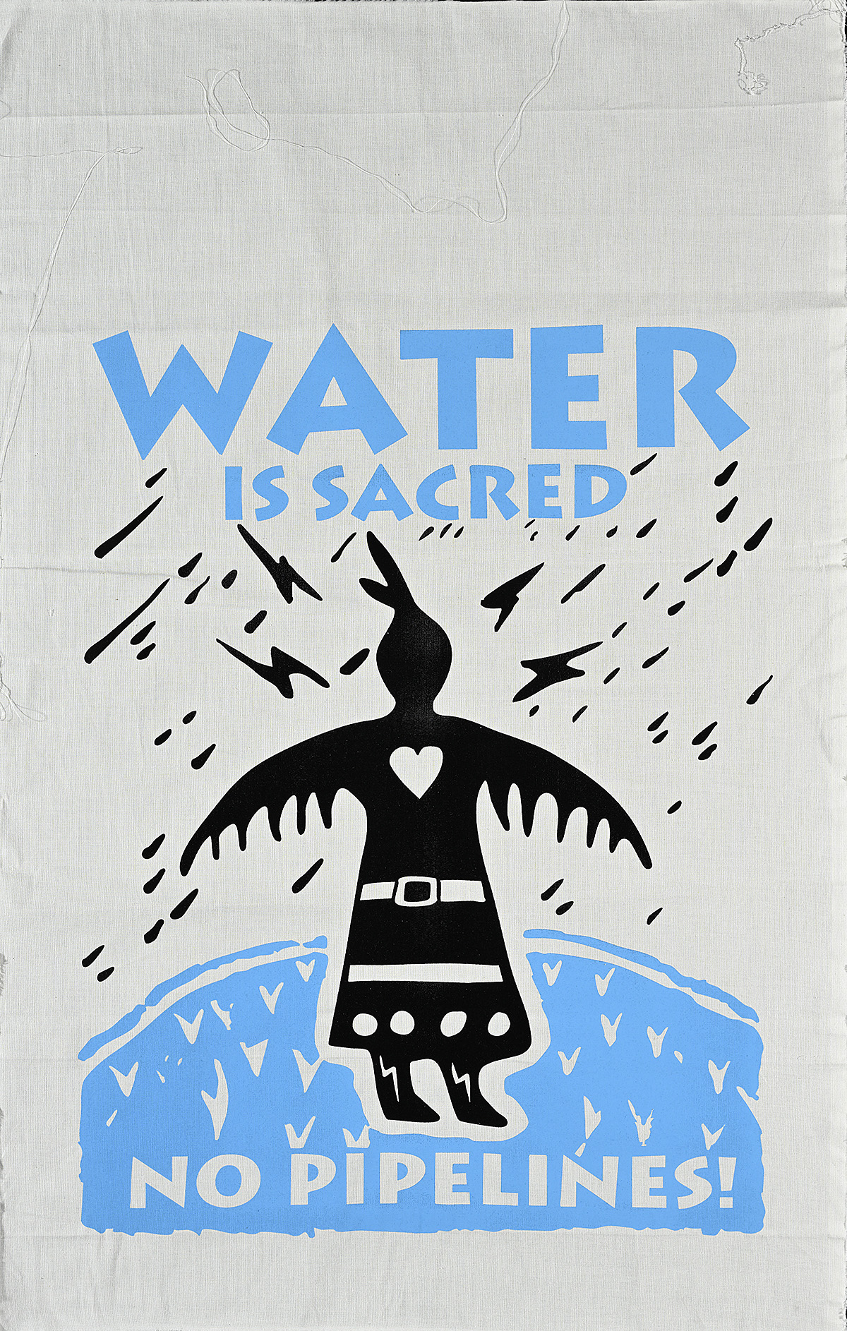 A poster with an illustration of a figure with a white heart on their chest surrounded by water and lightning bolts.
