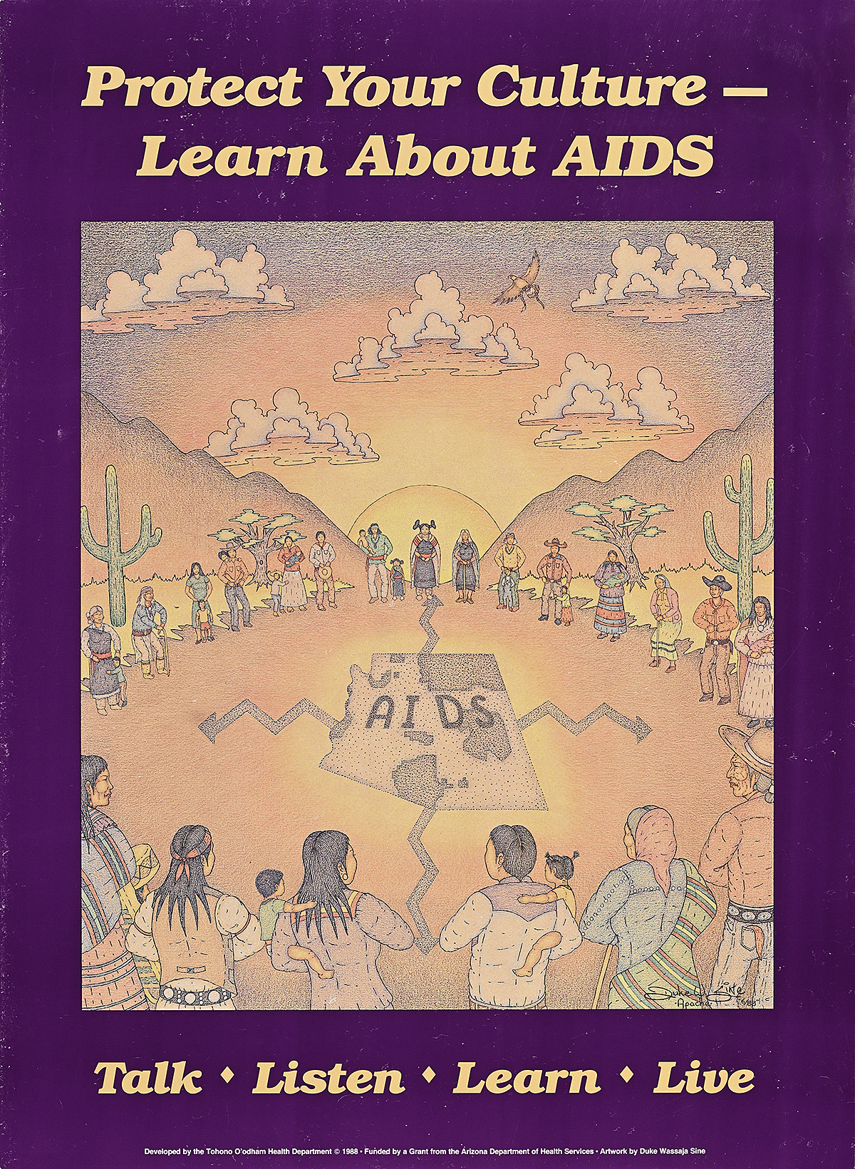 A poster with an illustration of a community standing in a circle in a desert landscape.