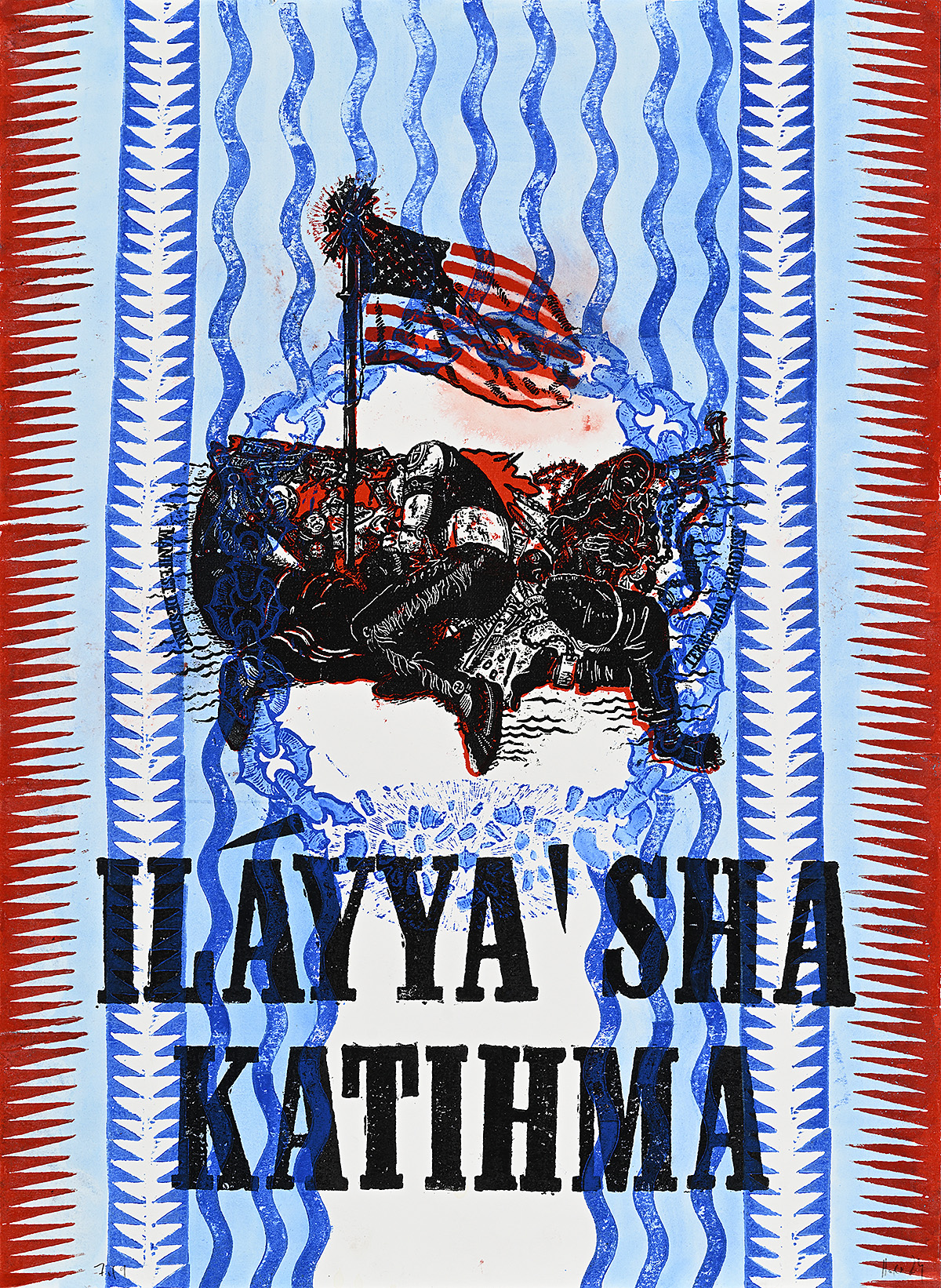 A poster with figures lying on a map of the United States with an American flag and geometric patterns.