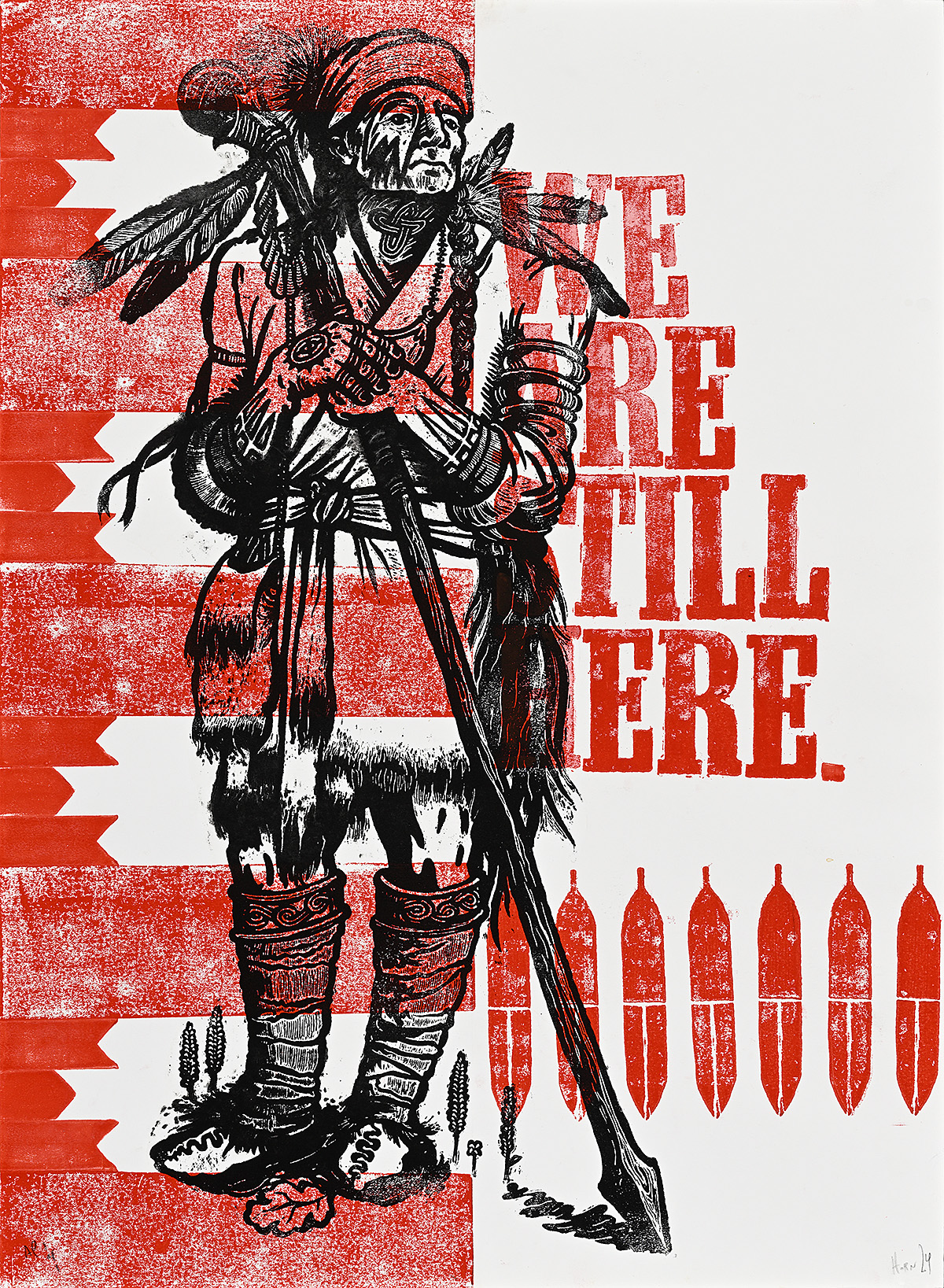 A poster of a Native American figure with a staff and feathers surrounded by red patterns and text.