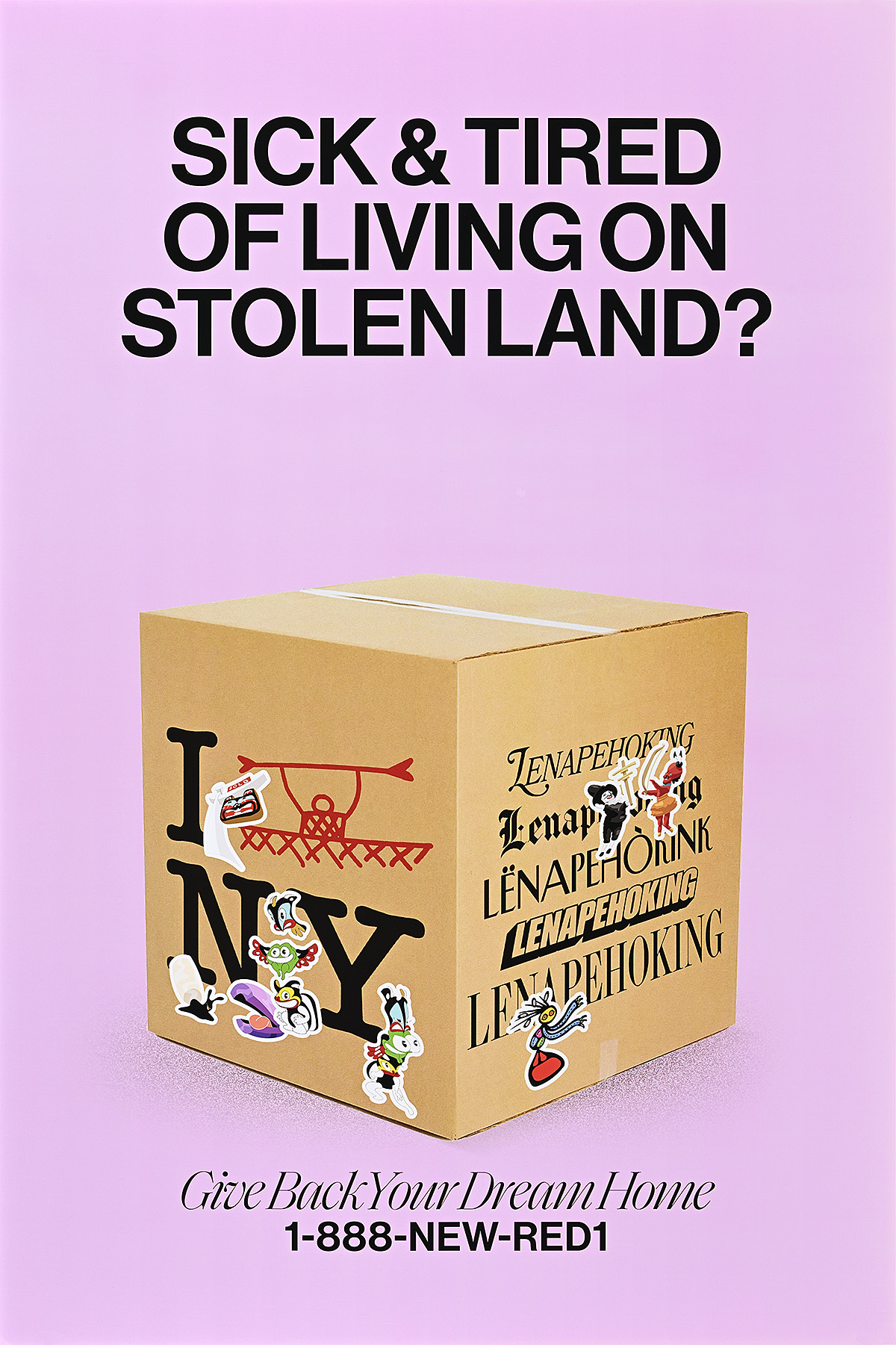 A poster with a picture of a cardboard box with text and images on it on a pink background.